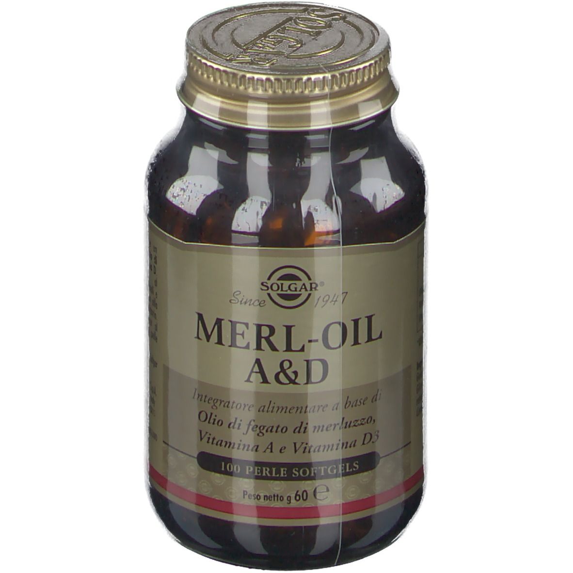 Braune Glasflasche mit goldenem Deckel. Aufschrift: SOLGAR, MERL-OIL A&D, 100 Perle Softgels. Gewicht: 60 g.