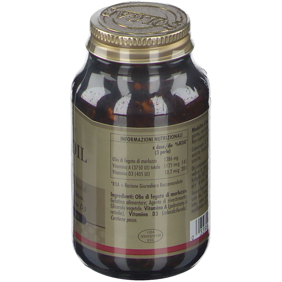 Rückseite der braunen Glasflasche. Etikett mit Nährwertinformationen und Inhaltsstoffen. Goldener Deckel.