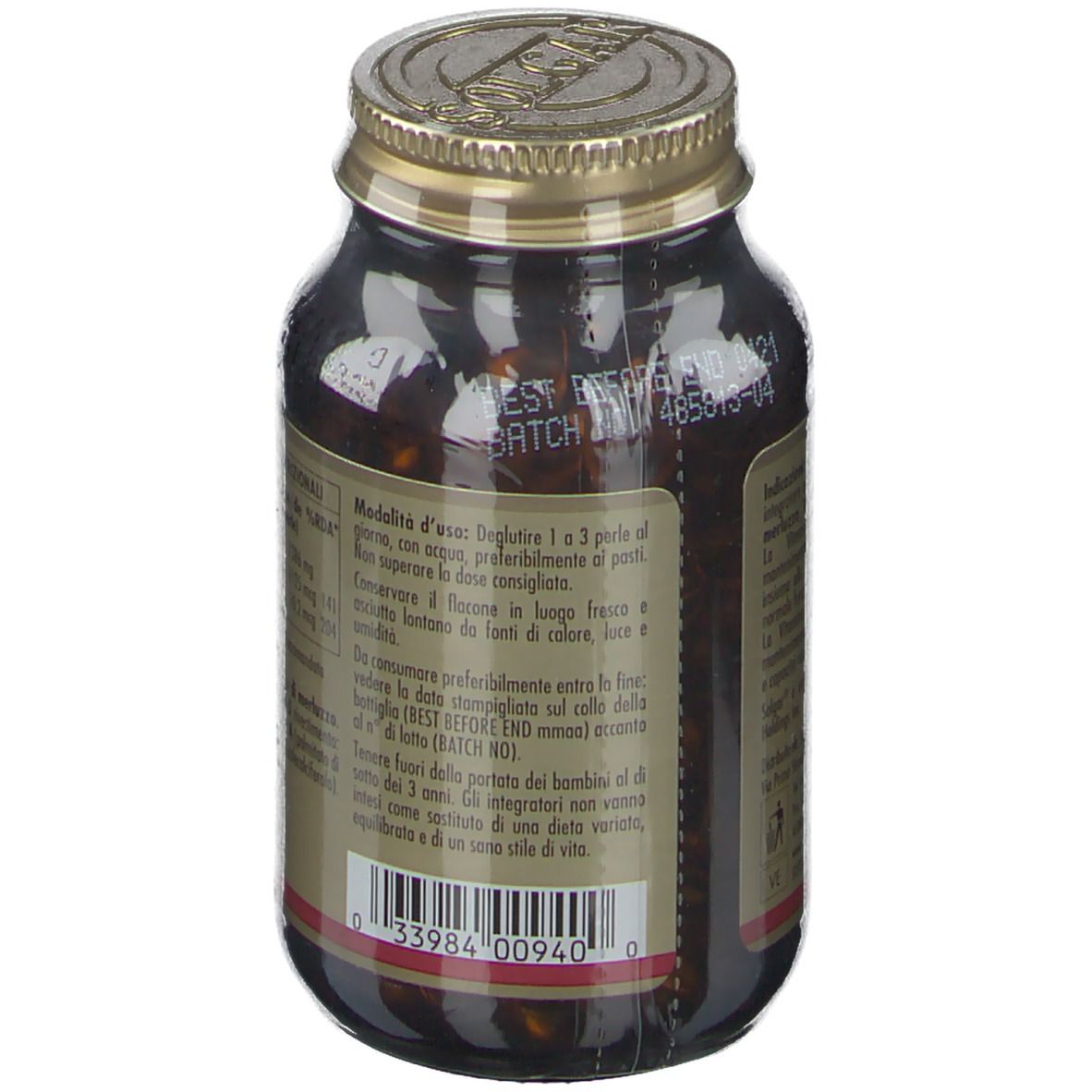 Rückseite der braunen Glasflasche. Etikett mit Verfallsdatum und Chargennummer. Goldener Deckel.