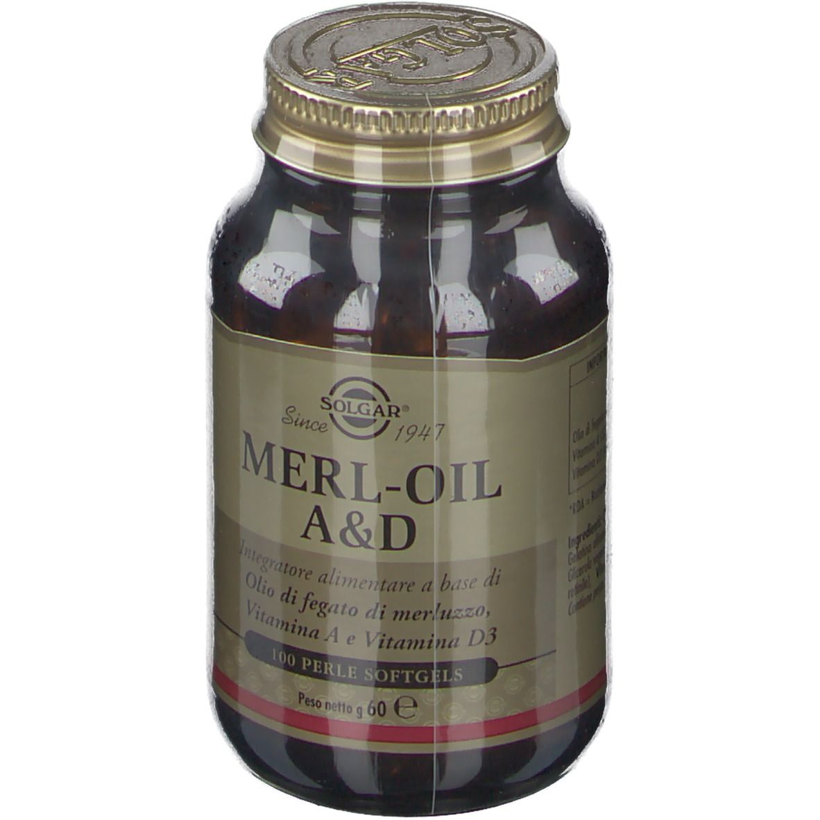 Braune Glasflasche mit goldenem Deckel. Aufschrift: SOLGAR, MERL-OIL A&D, 100 Perle Softgels. Etikett.