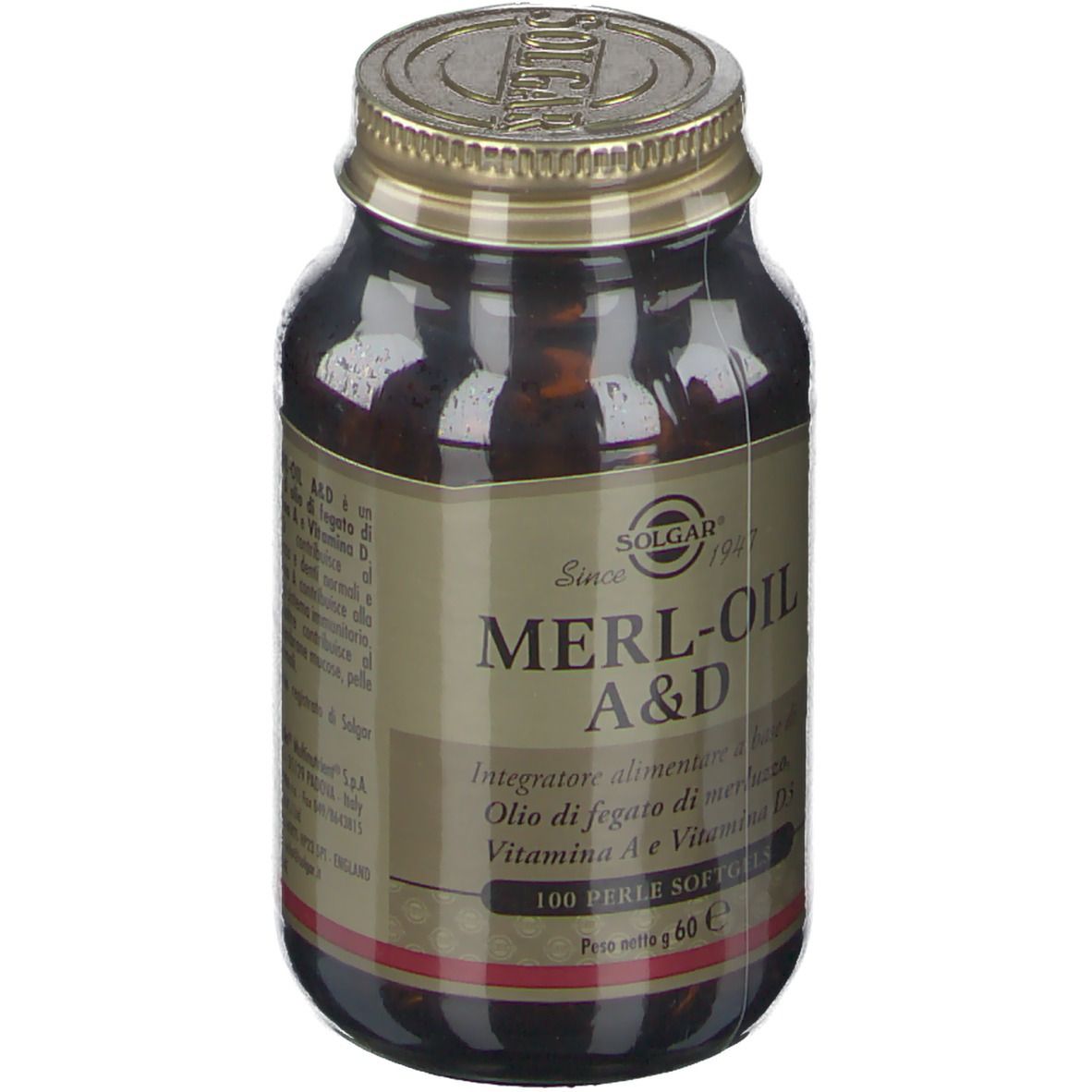 Braune Glasflasche mit goldenem Deckel. Aufschrift: SOLGAR, MERL-OIL A&D, 100 Perle Softgels. Etikett.