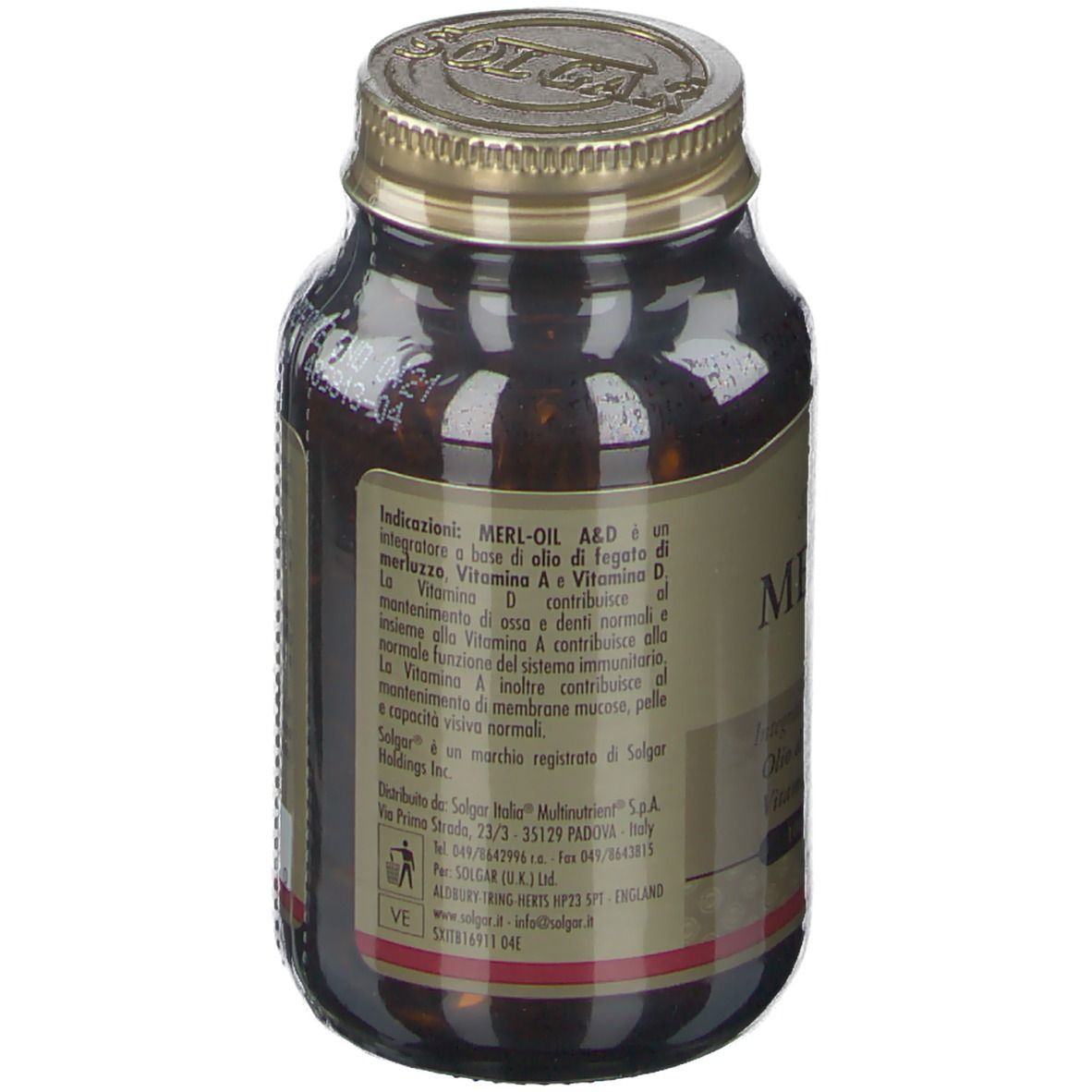 Rückseite der braunen Glasflasche. Etikett mit Produktinformationen. Goldener Deckel.