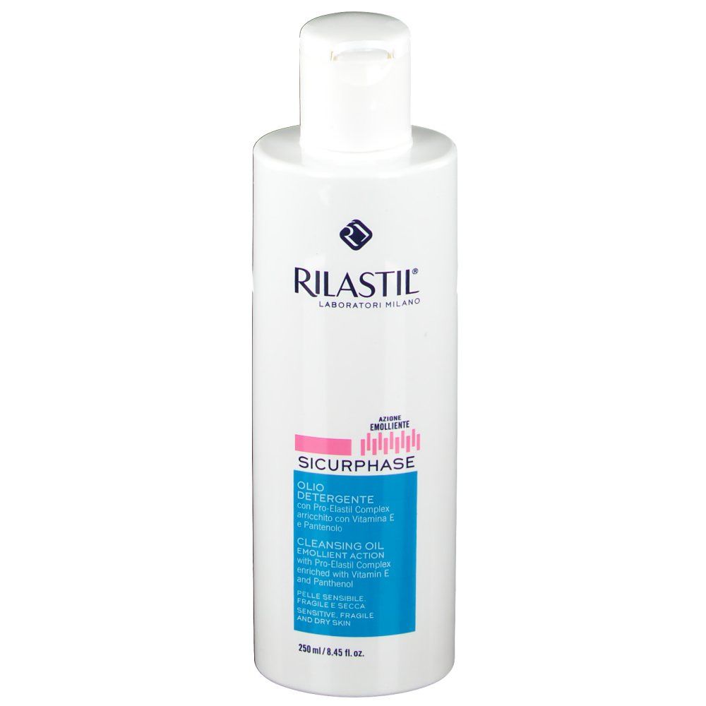 Flacon blanc RILASTIL® Sicurphase. Étiquette bleue avec informations produit. Bande rose avec inscription Sicurphase.