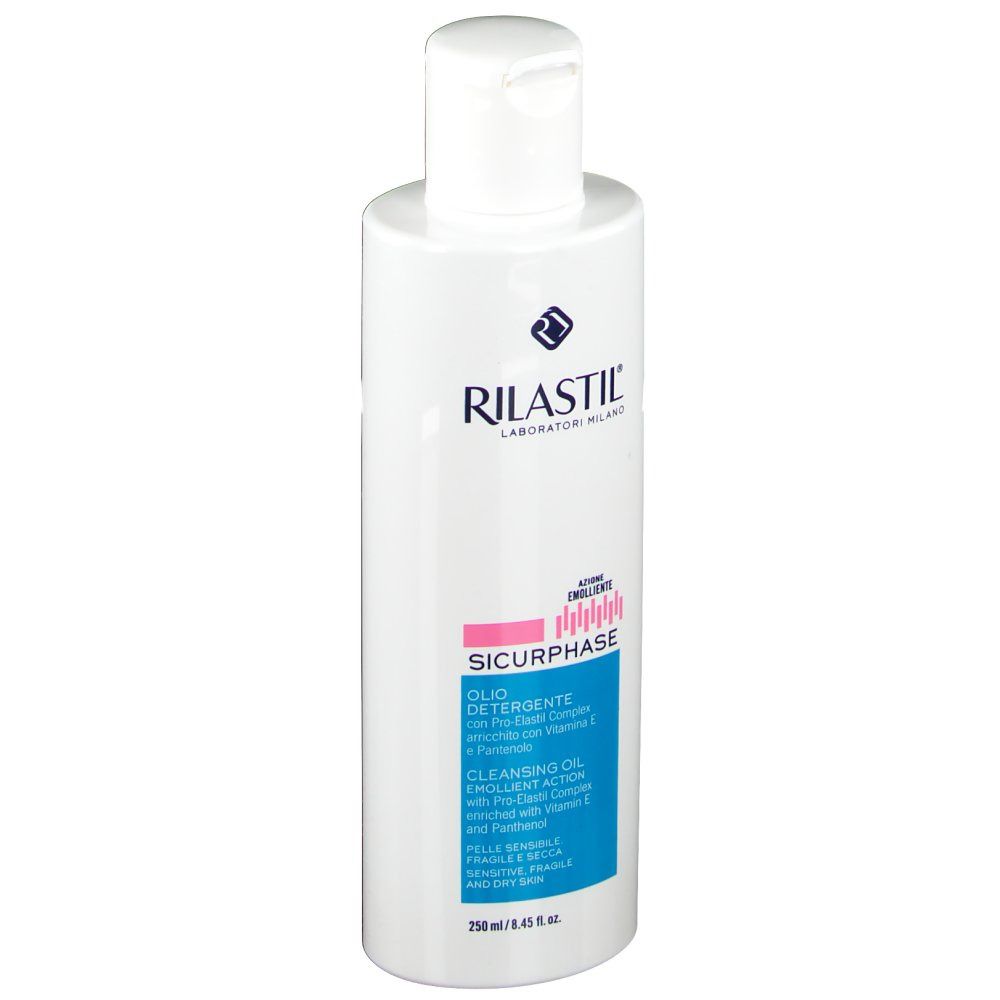 Flacon blanc RILASTIL® Sicurphase. Étiquette bleue avec informations produit. Bande rose avec inscription Sicurphase.