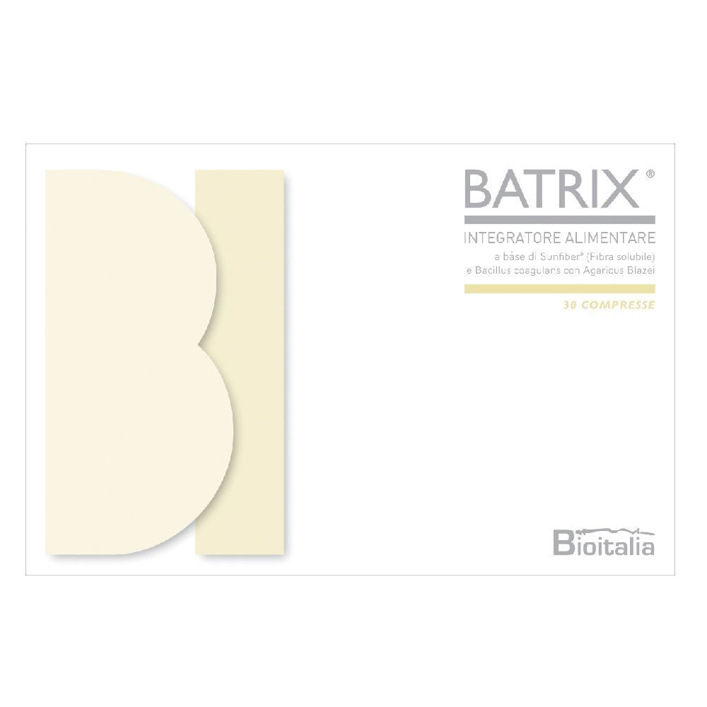Boîte blanche avec nom du produit Batrix et logo. Texte: Integratore Alimentare. 30 comprimés. Logo Bioitalia.