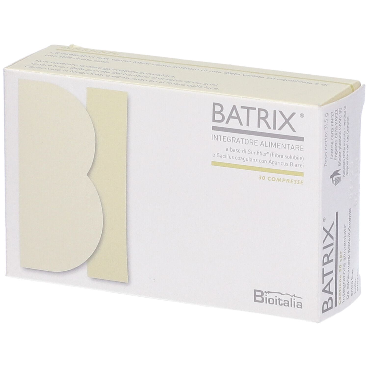 Emballage du produit Batrix, blanc avec logo et texte. 30 comprimés. Logo Bioitalia. Boîte en biais.
