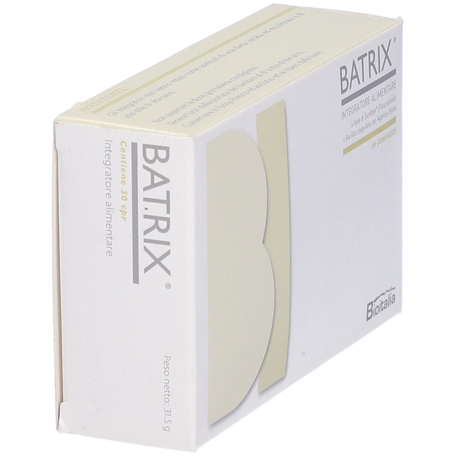 Emballage du produit Batrix, blanc avec logo et texte. 30 comprimés. Logo Bioitalia. Boîte en biais.