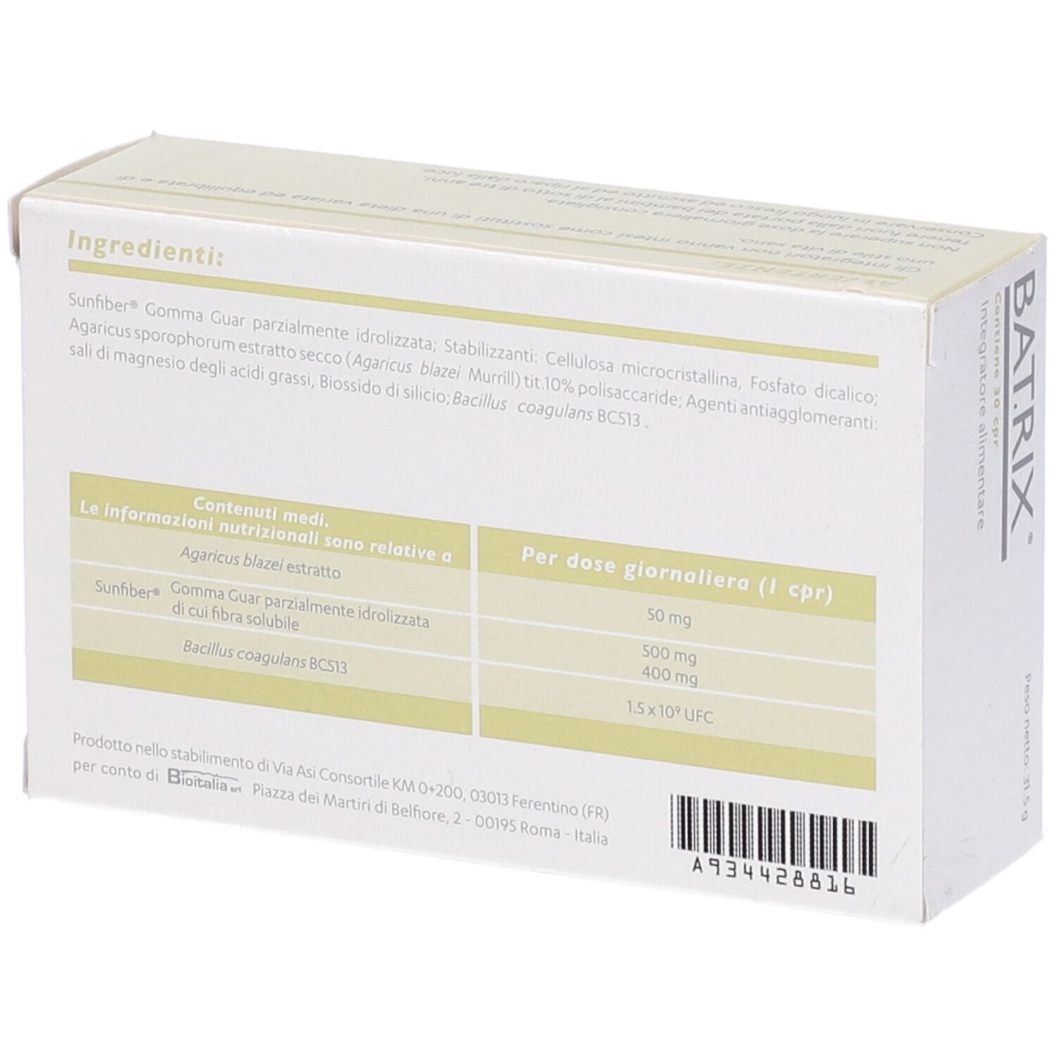 Dos de l'emballage Batrix. Liste des ingrédients, informations nutritionnelles, informations fabricant. Boîte blanche.