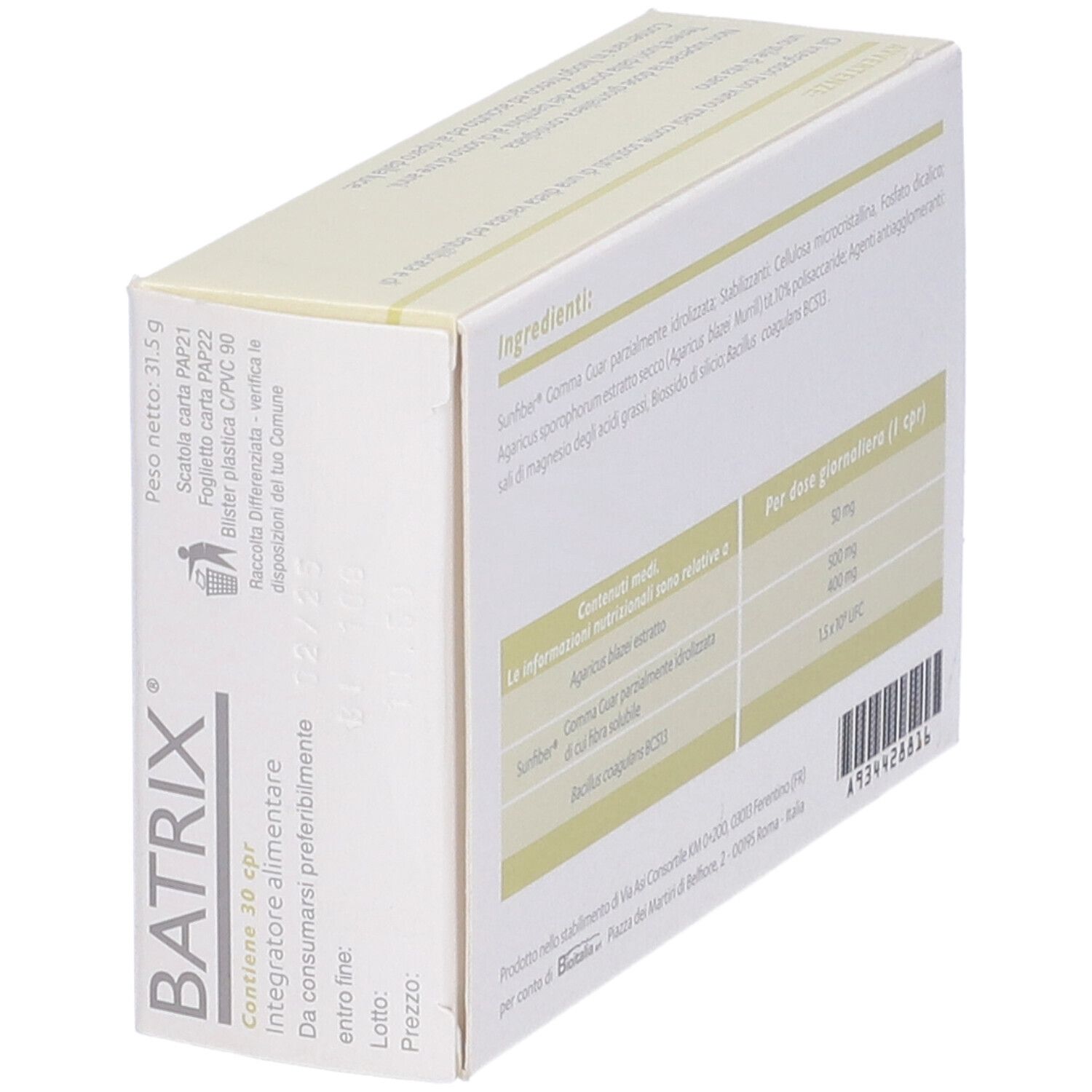 Boîte Batrix, dos avec ingrédients, informations nutritionnelles et fabricant. Boîte blanche.