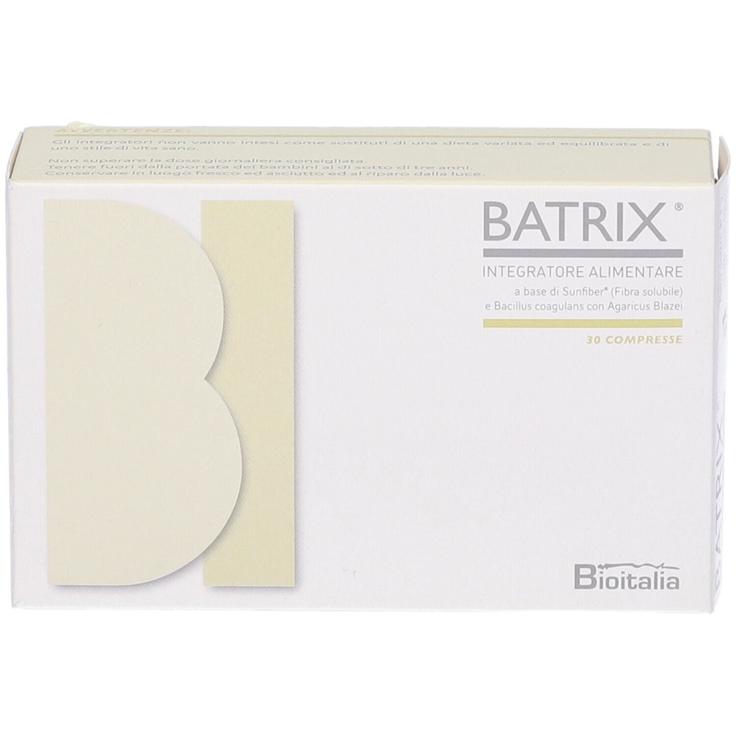 Boîte blanche avec nom du produit Batrix et logo. Texte: Integratore Alimentare. 30 comprimés. Logo Bioitalia.