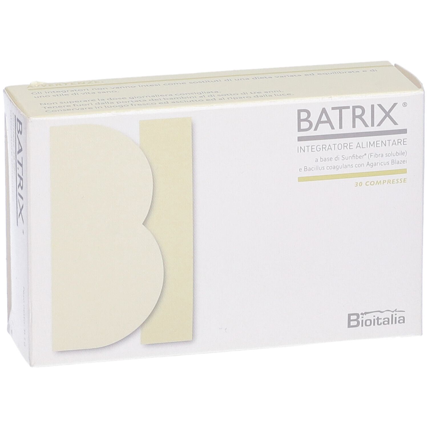 Boîte blanche avec nom du produit Batrix et logo. Texte: Integratore Alimentare. 30 comprimés. Logo Bioitalia.