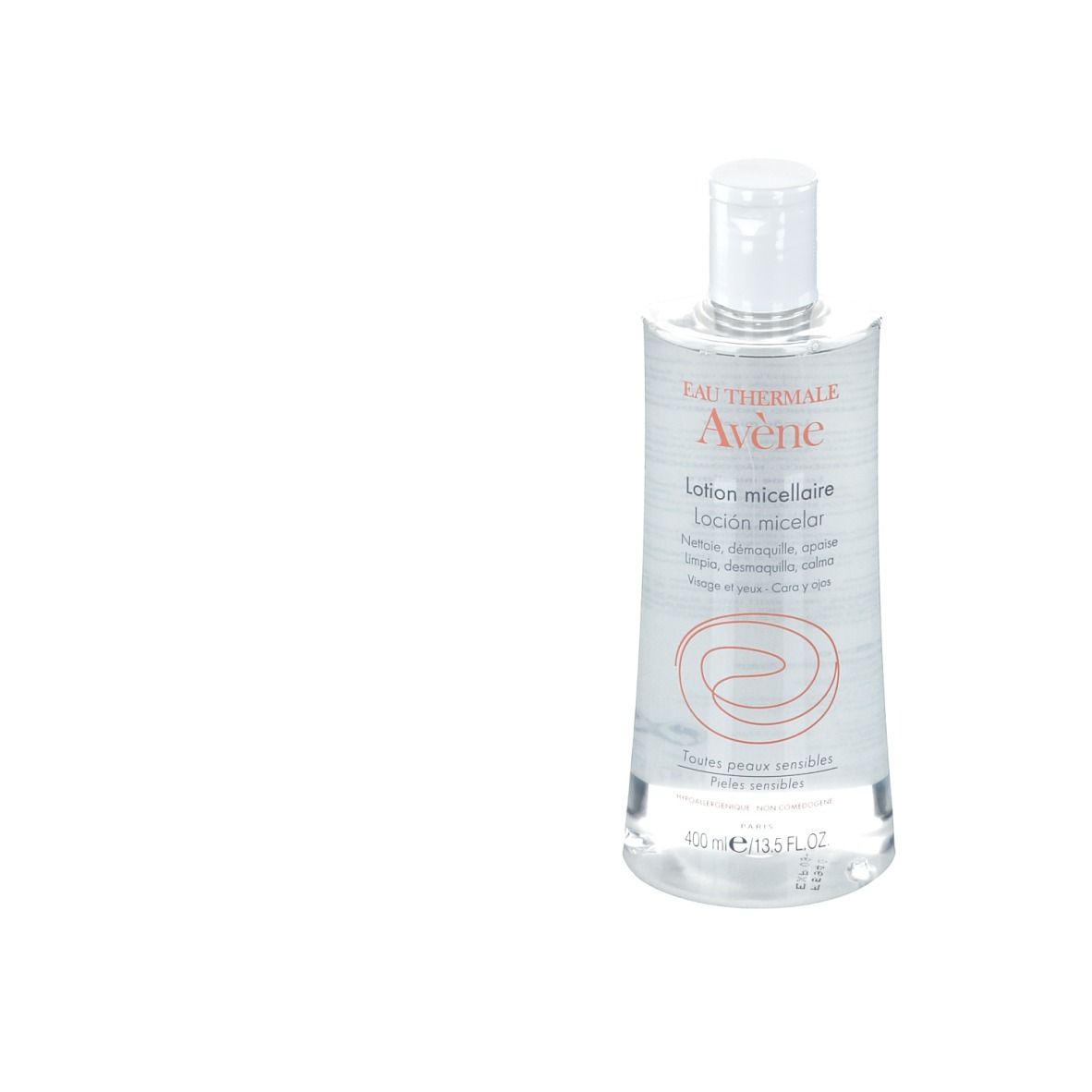 Klare Flasche mit weißem Verschluss. Aufschrift: Eau Thermale Avène, Lotion micellaire. Für empfindliche Haut.