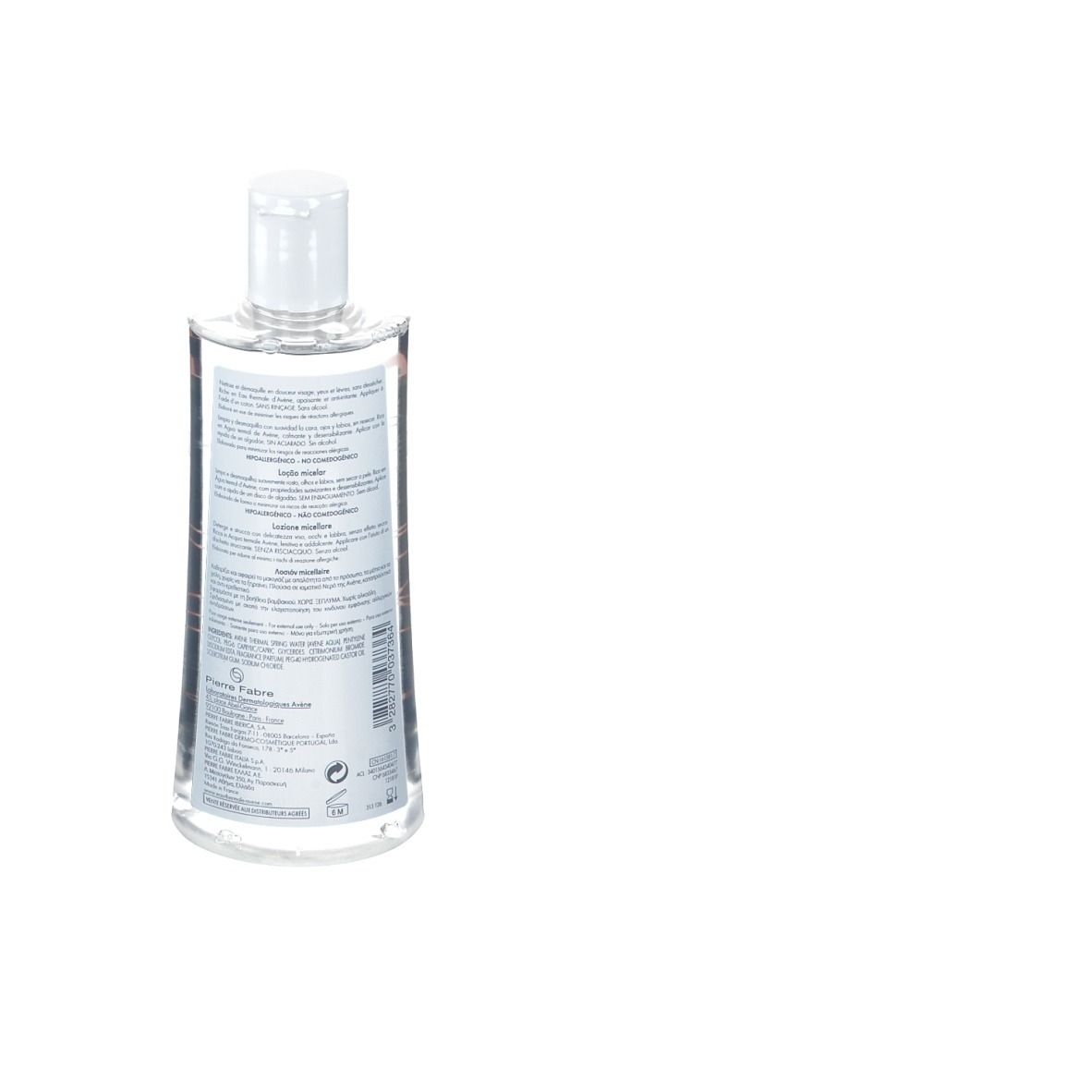 Rückseite einer transparenten Flasche mit weißem Verschluss. Etikett mit Produktinformationen und Inhaltsstoffen.