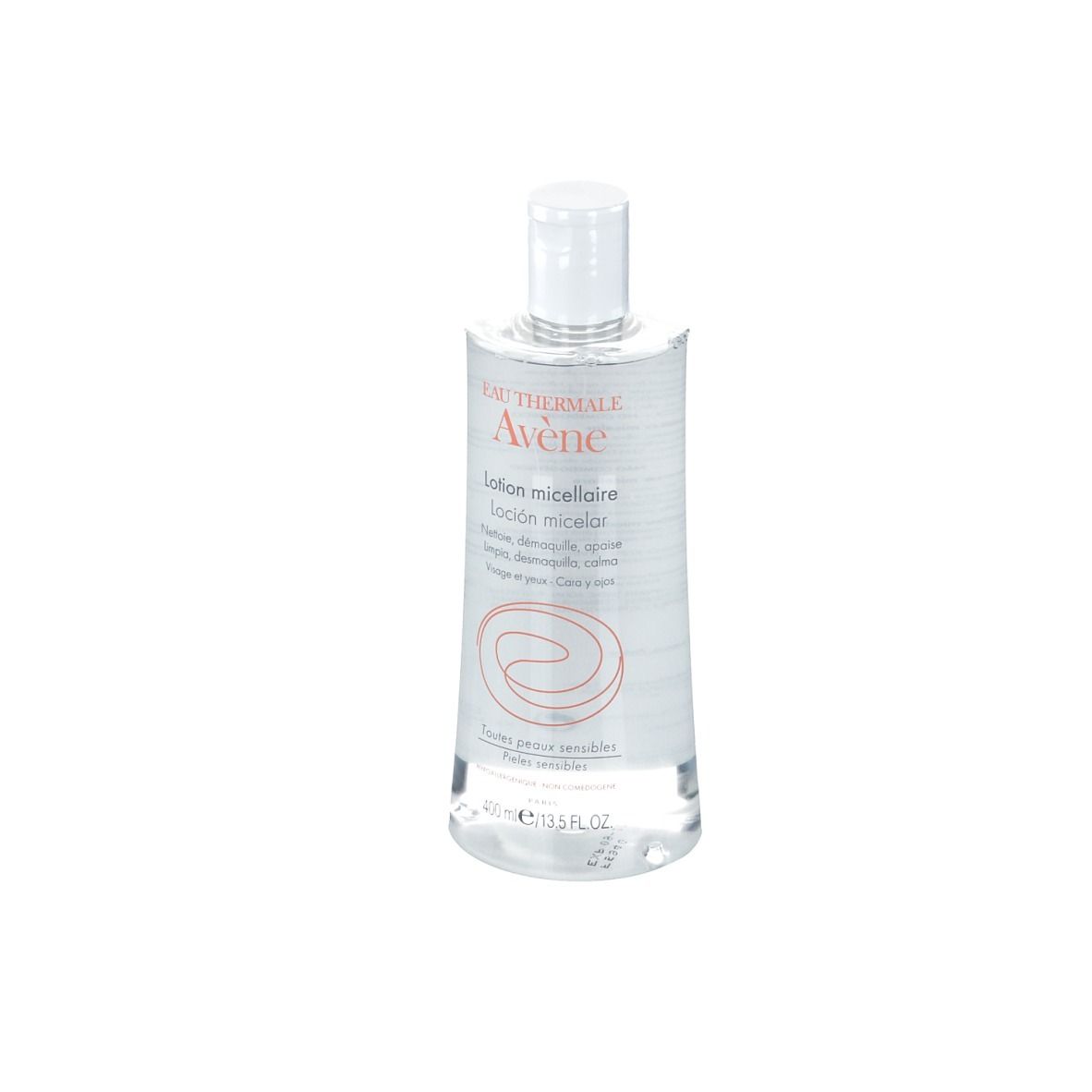 Klare Flasche mit weißem Verschluss. Aufschrift: Eau Thermale Avène, Lotion micellaire. Für empfindliche Haut.