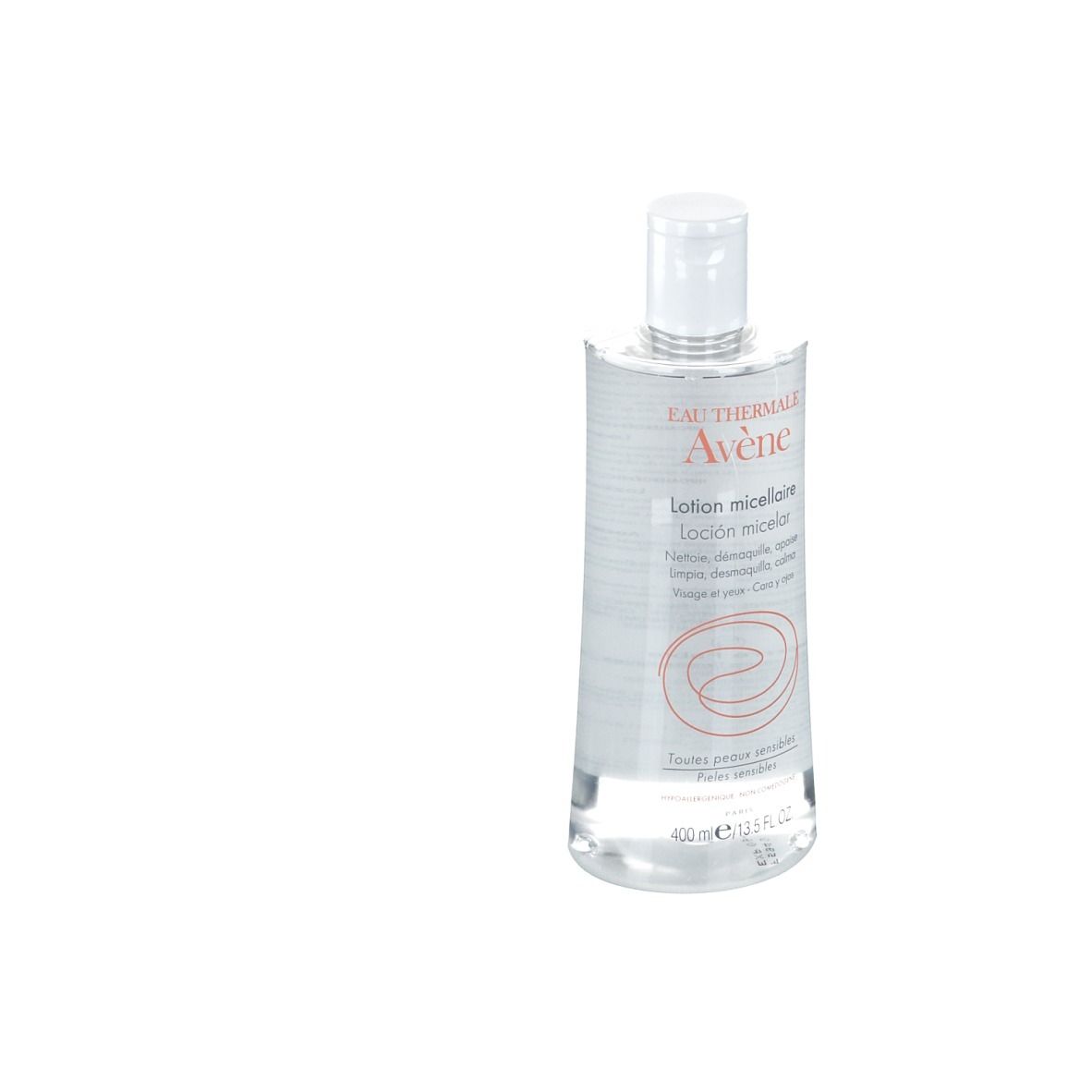 Klare Flasche mit weißem Verschluss. Aufschrift: Eau Thermale Avène, Lotion micellaire. Für empfindliche Haut.