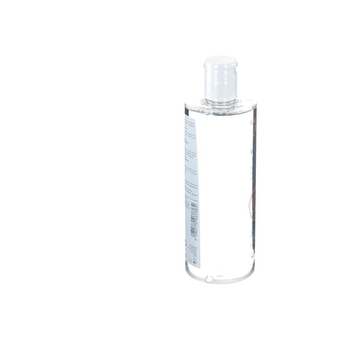 Transparente Flasche mit weißem Klappverschluss. Etikett mit Produktinformationen. Aufschrift nicht lesbar.