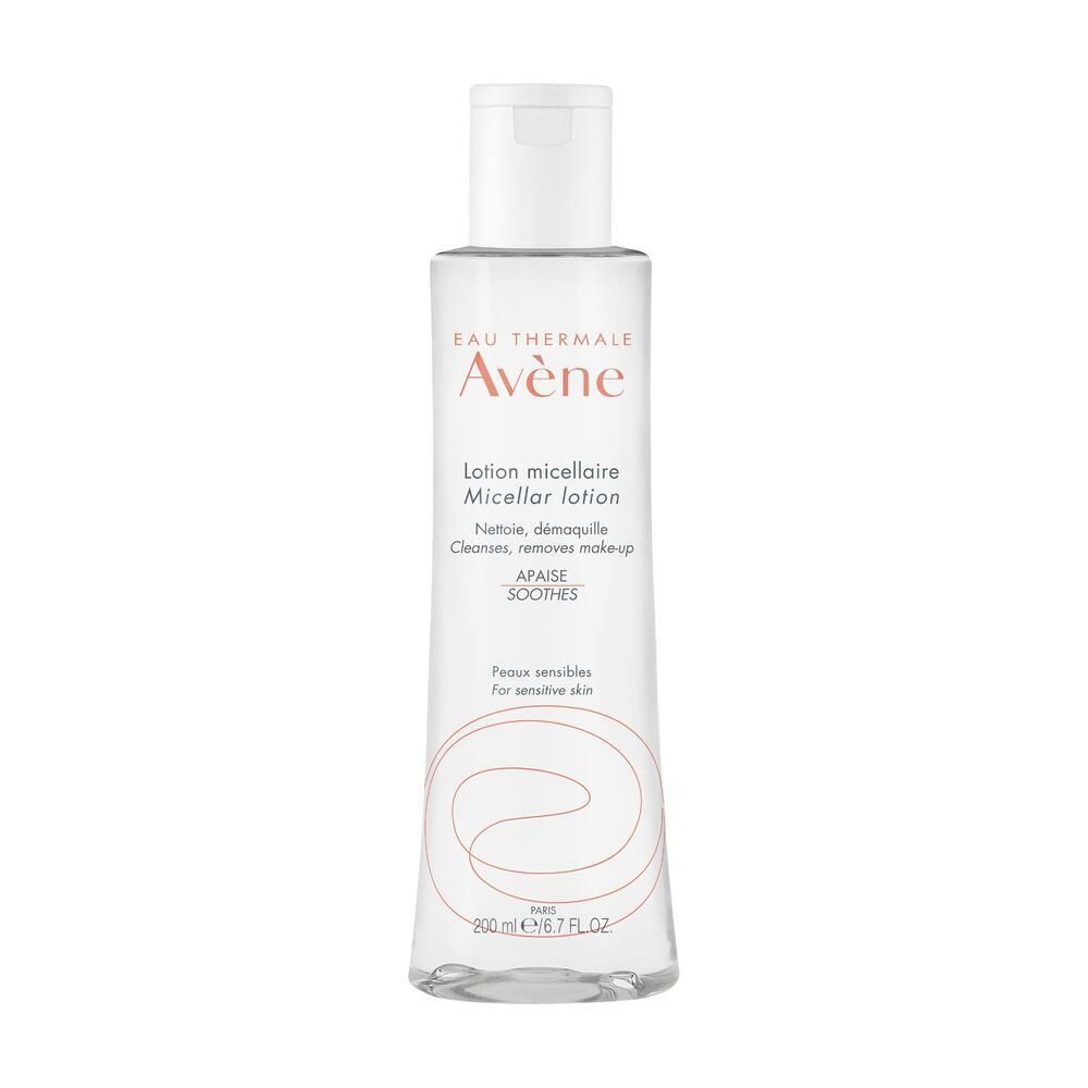 Klare Flasche mit weißem Deckel. Aufschrift: Eau Thermale Avène, Mizellen Reinigungslotion. Für empfindliche Haut.