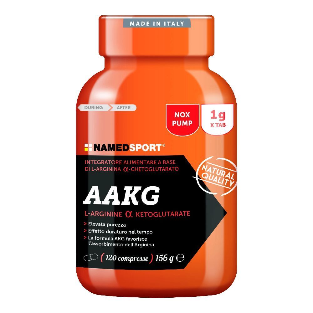 Orangefarbene Flasche mit NAMEDSPORT® AAKG. Enthält 120 Tabletten. Aufschrift: 1g x Tab, Natural Quality, Made in Italy.