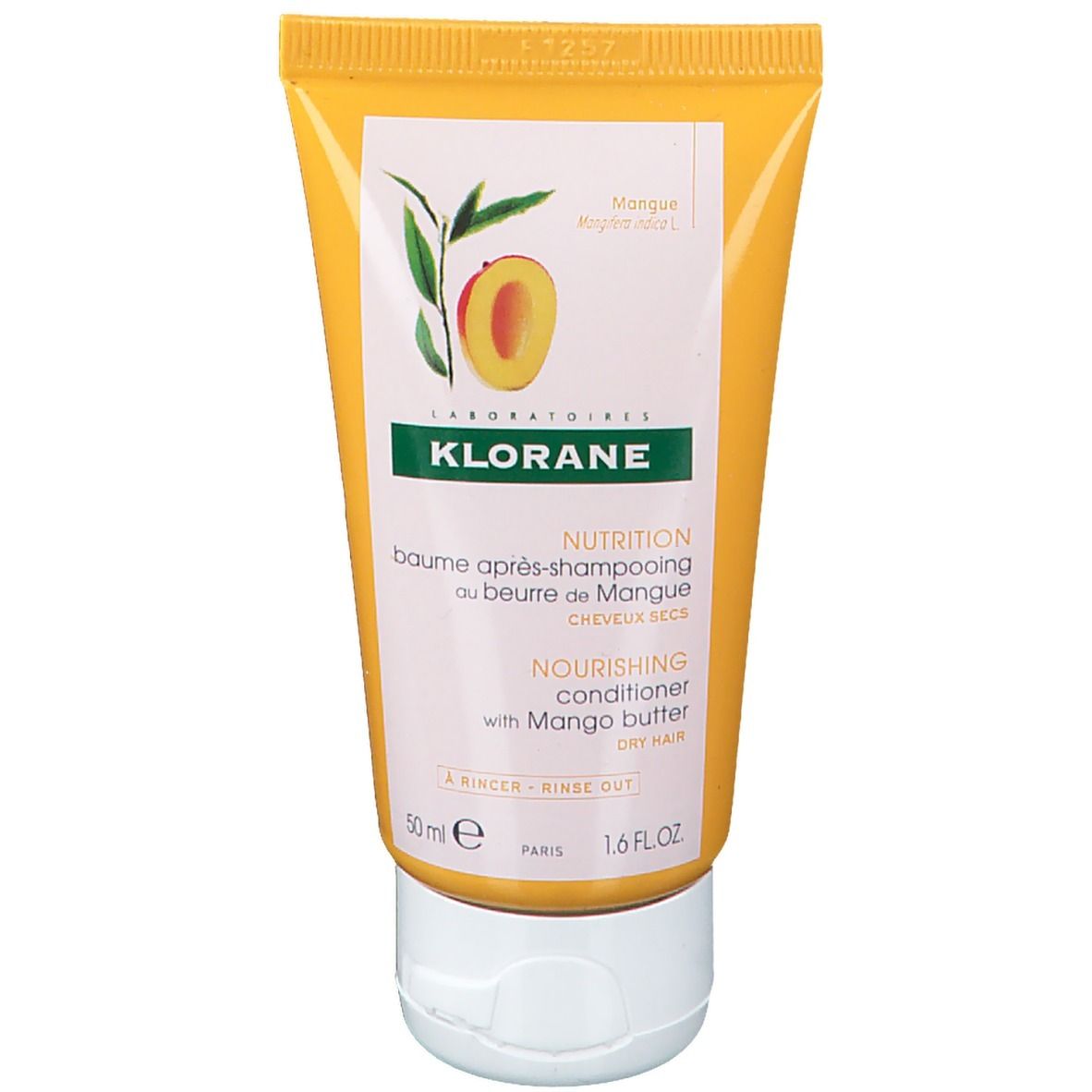 Gelbe Tube mit Produktabbildung und Schriftzug KLORANE. Aufschrift: Nutrition, Baume après-shampooing au beurre de Mangue.