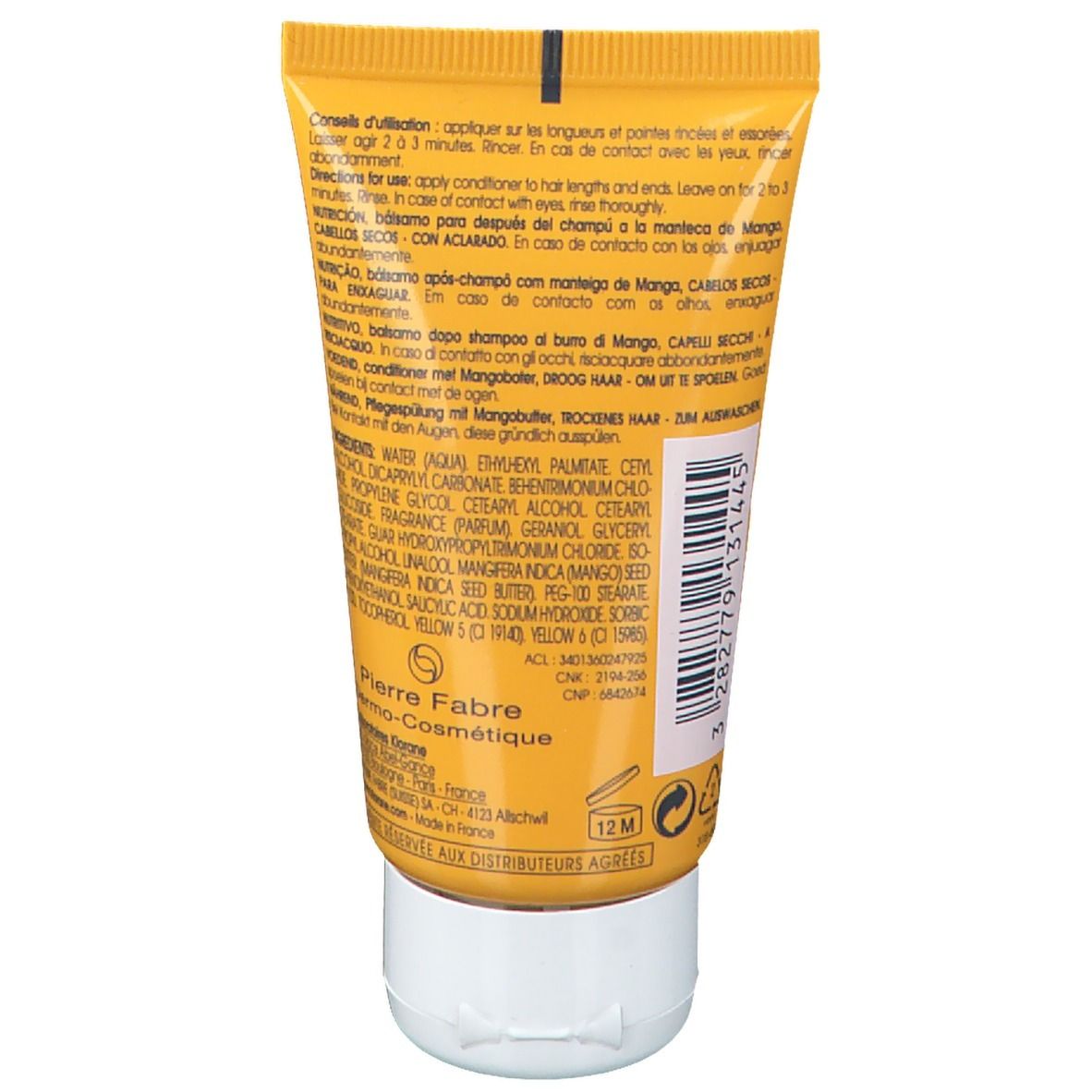 Rückseite einer gelben Tube. Text in mehreren Sprachen, darunter Deutsch. Herstellerinformationen und Chargennummer.