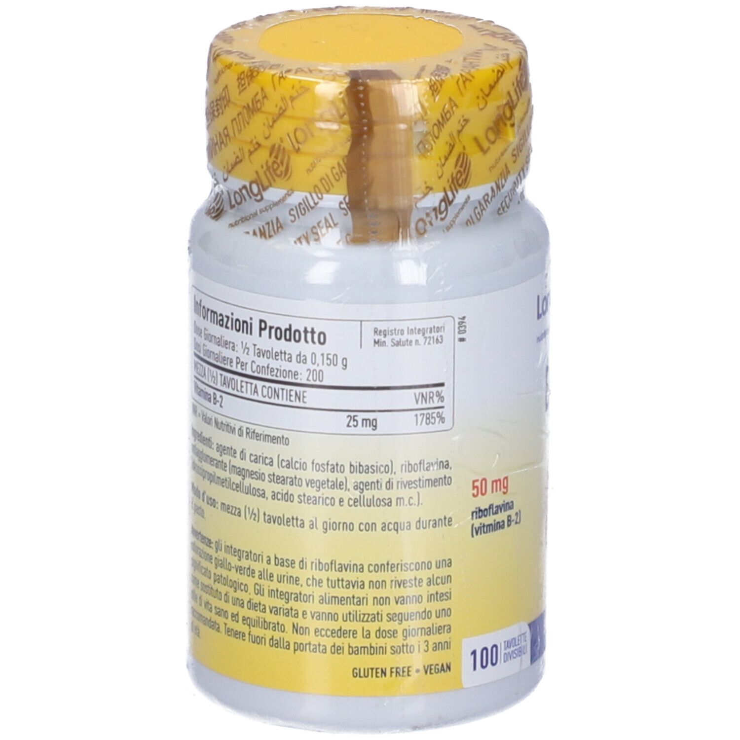 Dos du flacon. Informations sur le produit. Ingrédients, valeurs nutritionnelles. Sans gluten, végétalien. 100 comprimés.