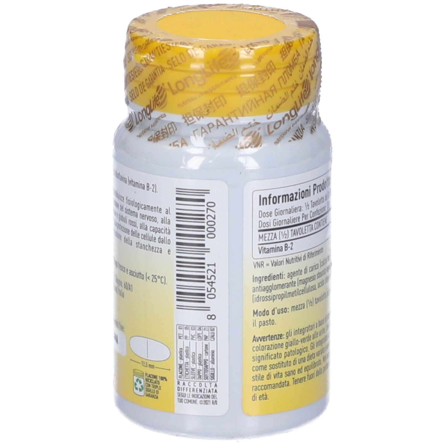 Dos du flacon. Informations sur le produit. Ingrédients, valeurs nutritionnelles. Sans gluten, végétalien. 100 comprimés.