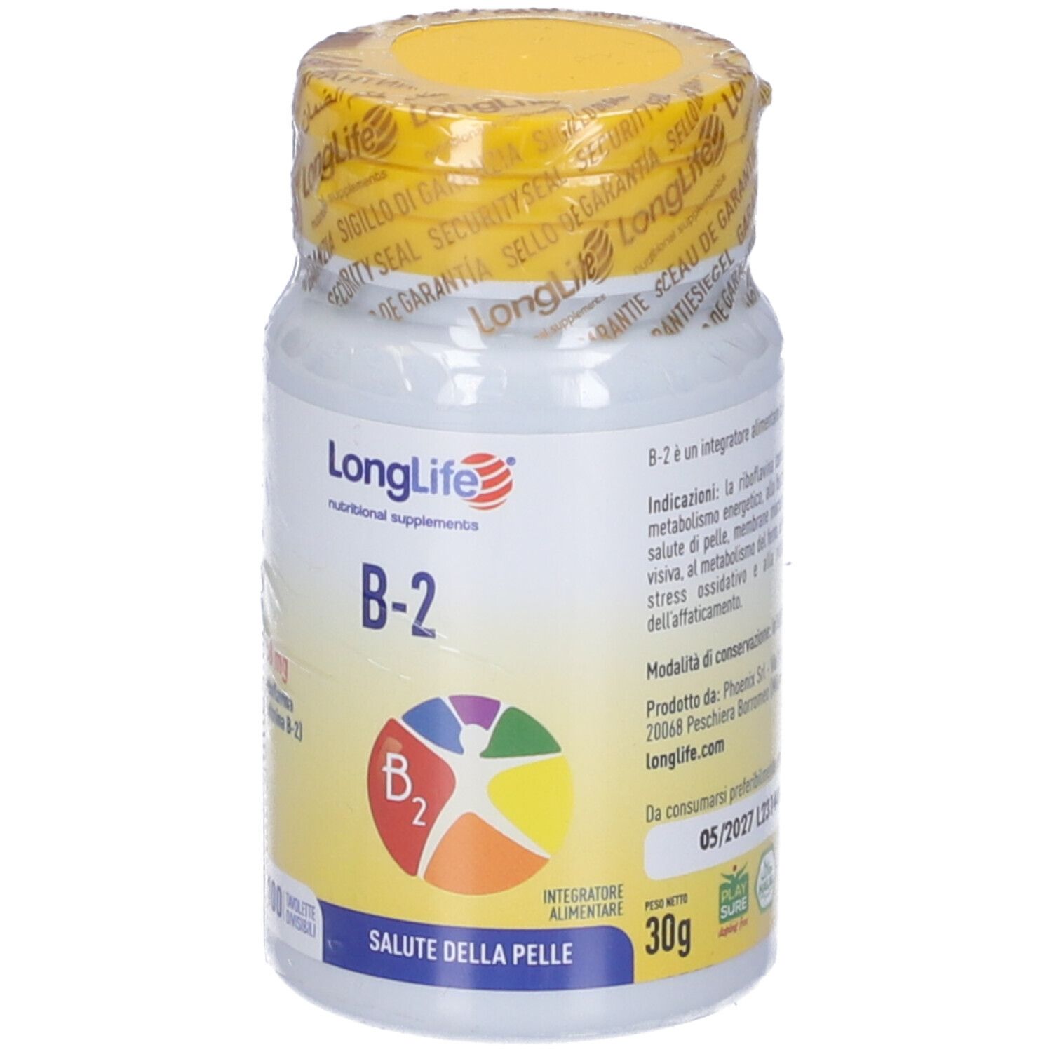 Flacon blanc avec couvercle jaune, scellé. Inscription LongLife B-2. Graphique coloré. 30g. Saluto della pelle.
