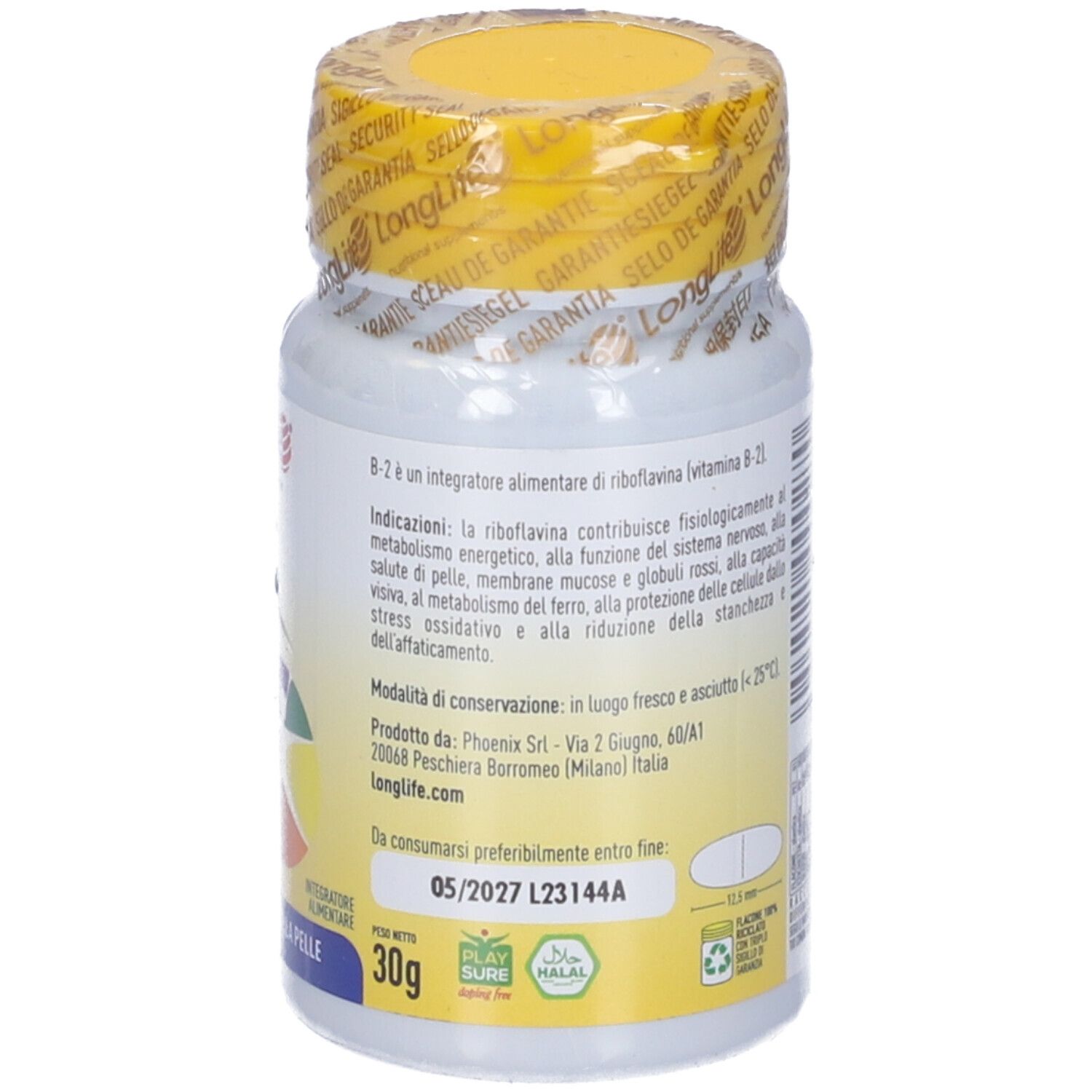 Dos du flacon. Informations sur le produit. Date de péremption, ingrédients. 30g. Saluto della pelle. Végétalien.