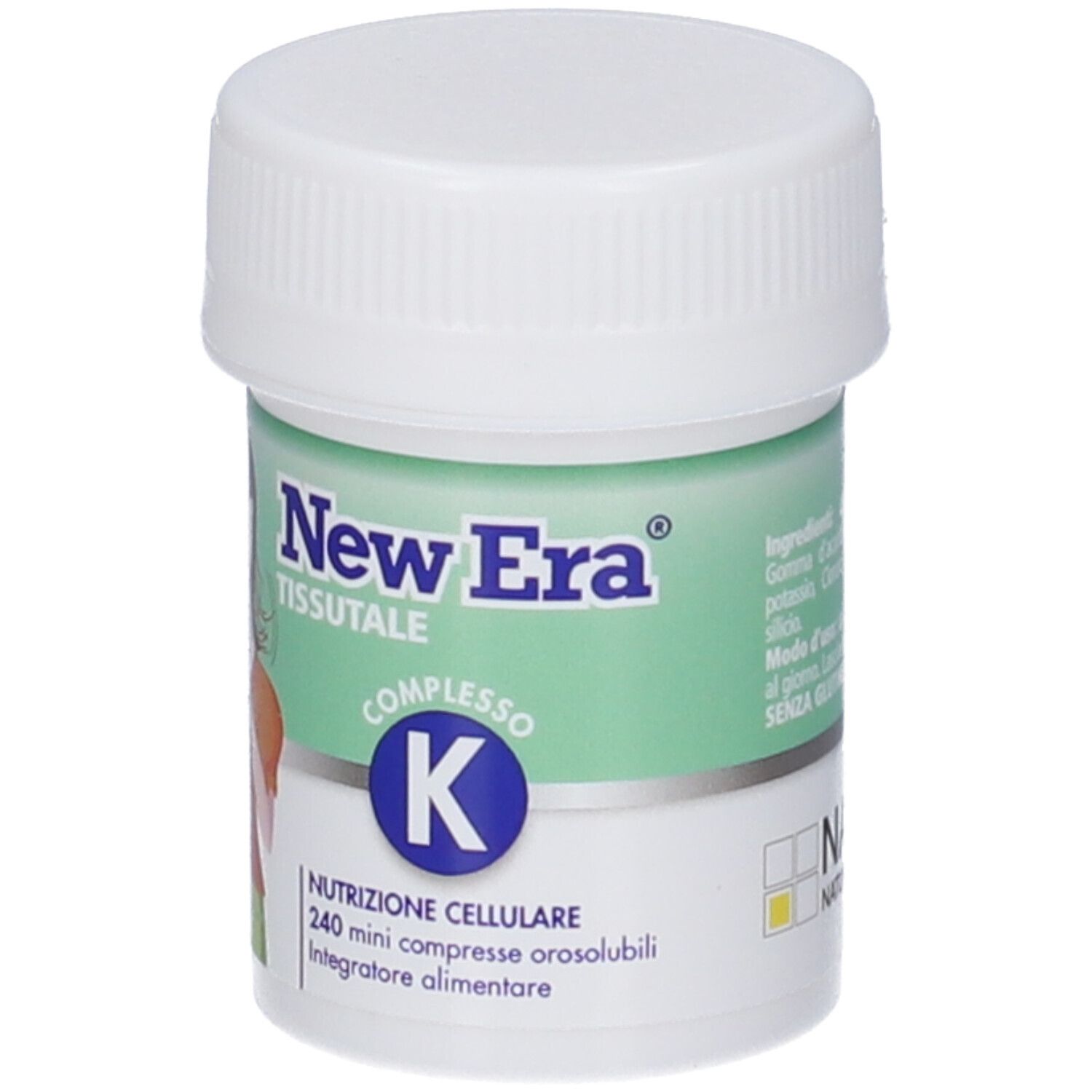 New Era Complexe K : flacon de 240 mini-comprimés orodispersibles. Contient des informations nutritionnelles.