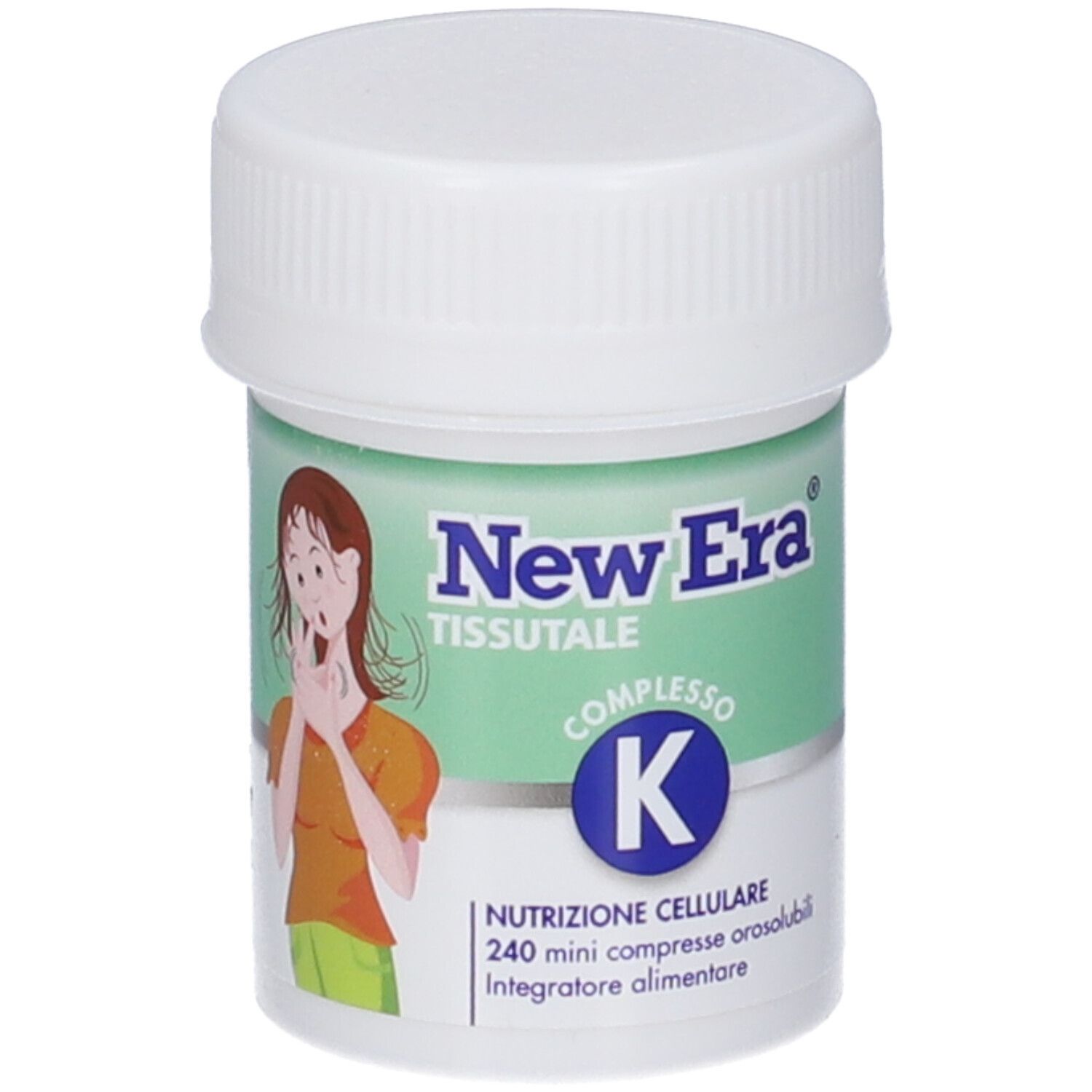New Era Complexe K : flacon de 240 mini-comprimés orodispersibles. Illustration d'une femme.