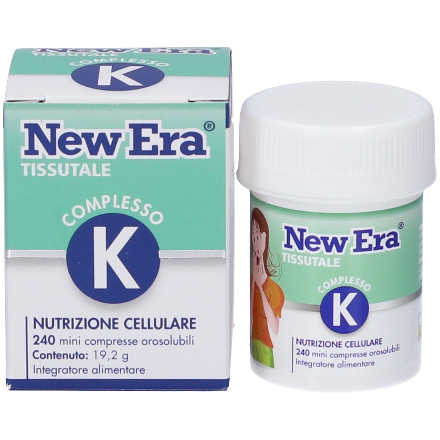 New Era Complexe K : emballage et flacon de 240 mini-comprimés orodispersibles.