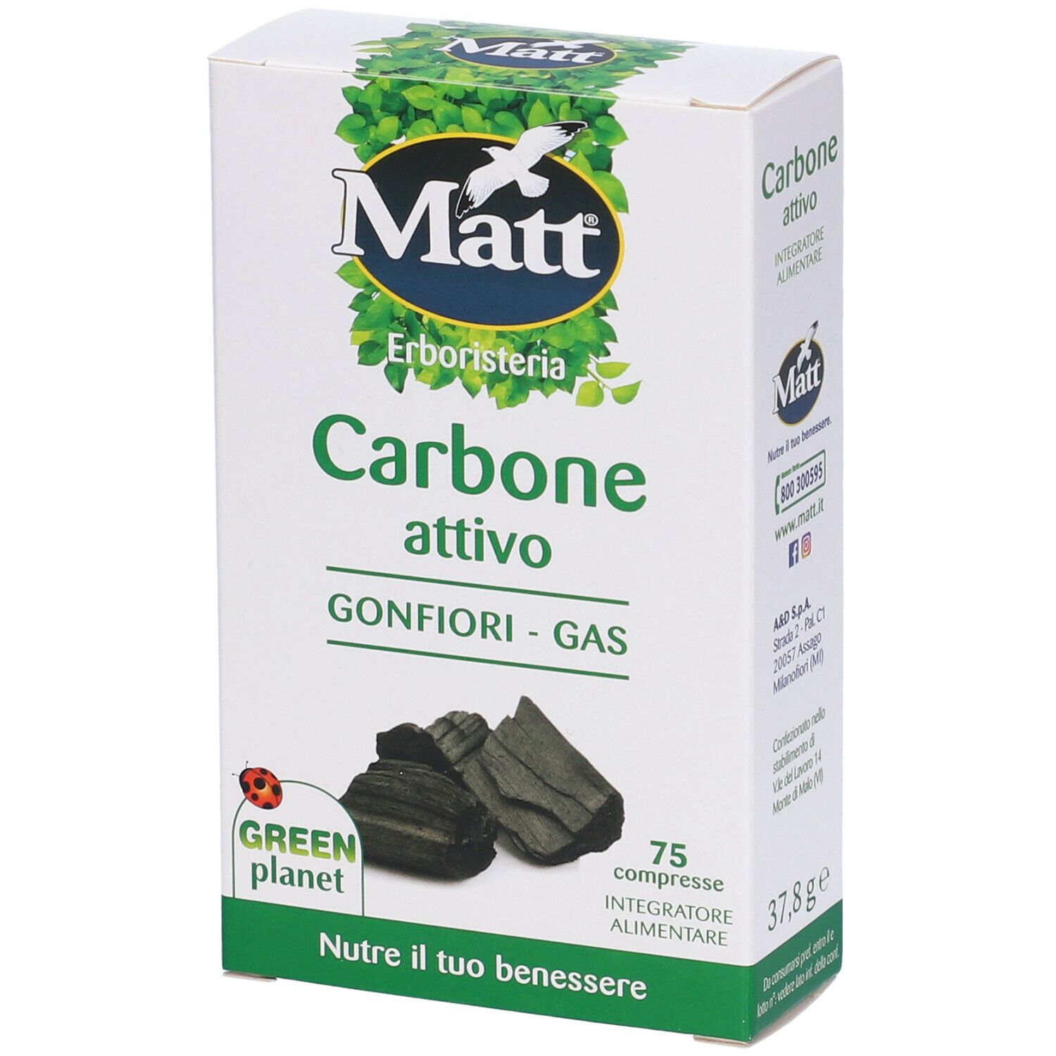 Weißer Karton mit 'Matt' Logo und 'Carbone attivo'. Enthält 75 Tabletten. 'Green Planet' Logo.