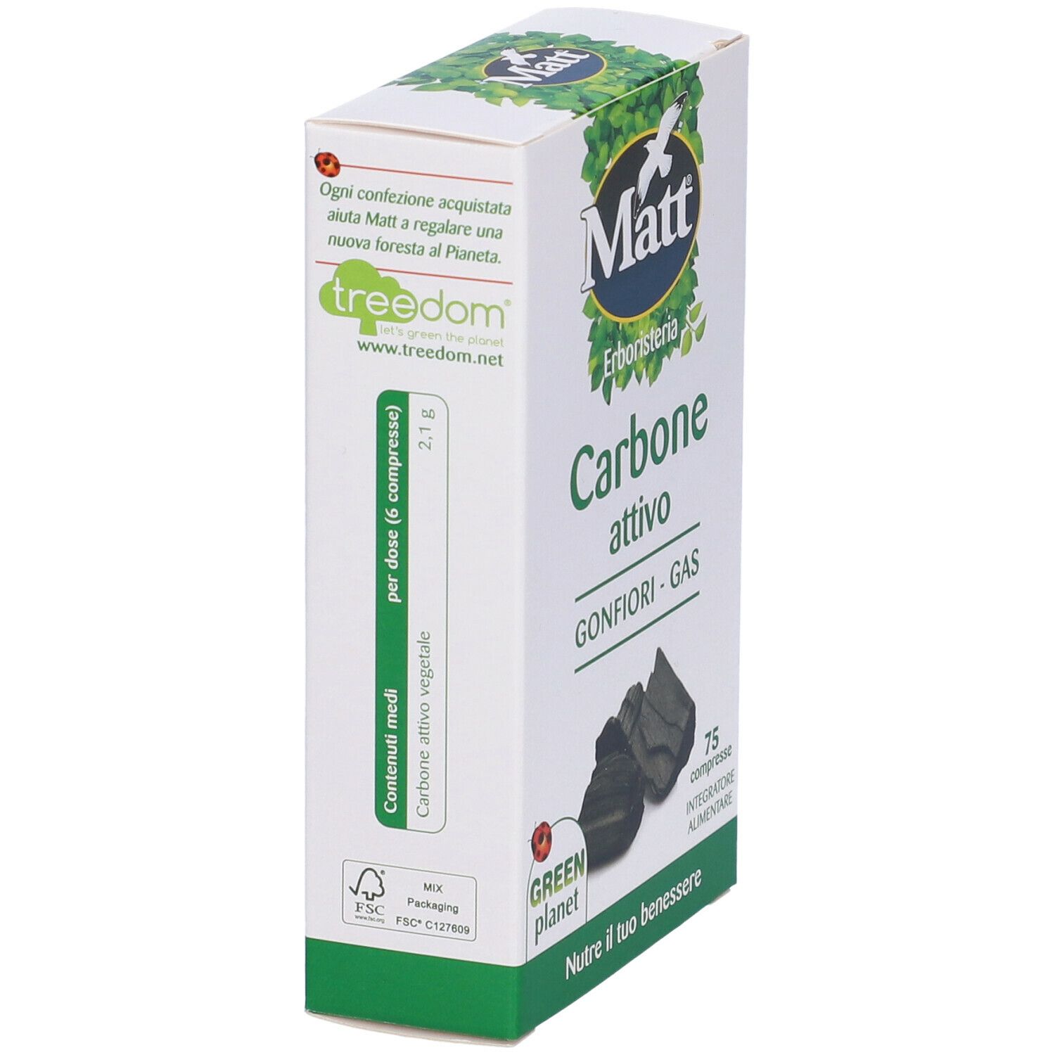 Weißer Karton mit 'Matt' Logo und 'Carbone attivo'. Enthält 75 Tabletten. 'Green Planet' Logo.