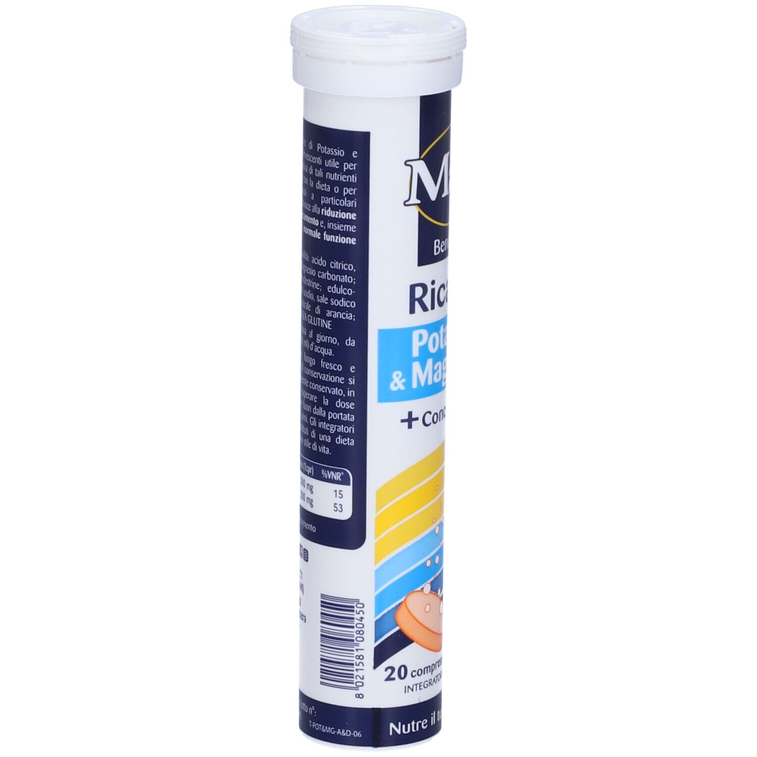 Zylindrische Tube mit weißem Deckel. Aufschrift: Matt, Ricarica, Kalium & Magnesium, +Konzentrat. 20 Brausetabletten.