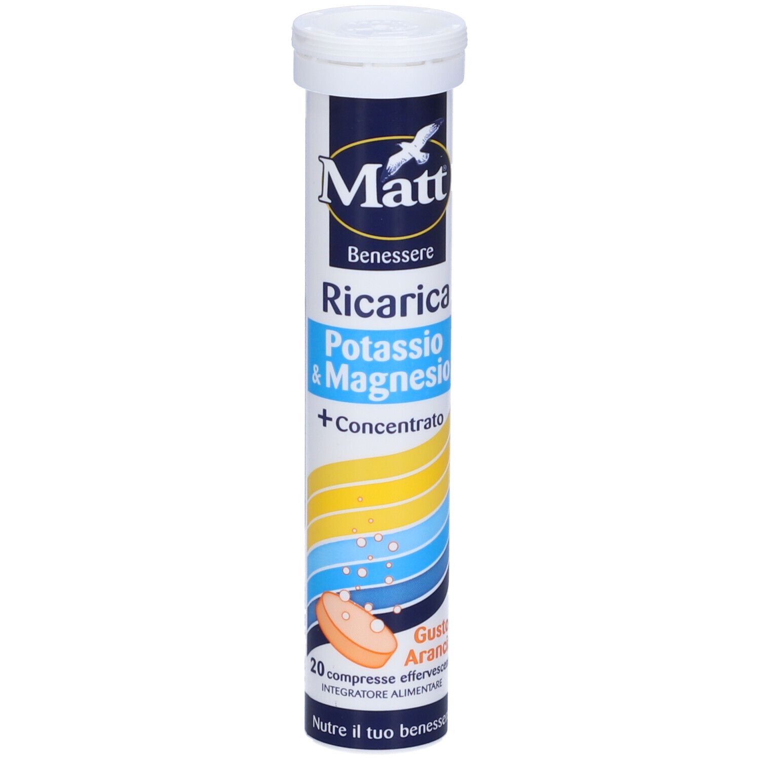 Zylindrische Tube mit weißem Deckel. Aufschrift: Matt, Ricarica, Kalium & Magnesium, +Konzentrat. 20 Brausetabletten.