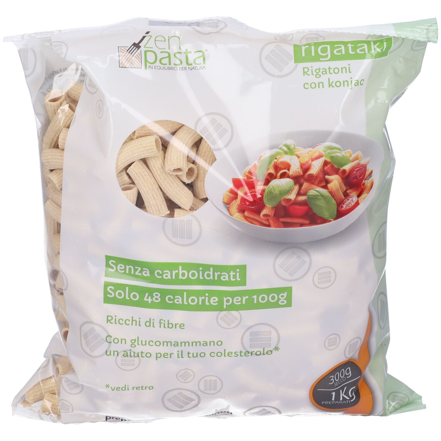 Beutel mit Rigataki-Nudeln. Aufdruck: Zen Pasta, rigataki con konjac, ohne Kohlenhydrate, 48 Kalorien pro 100g, 300g, 1kg.