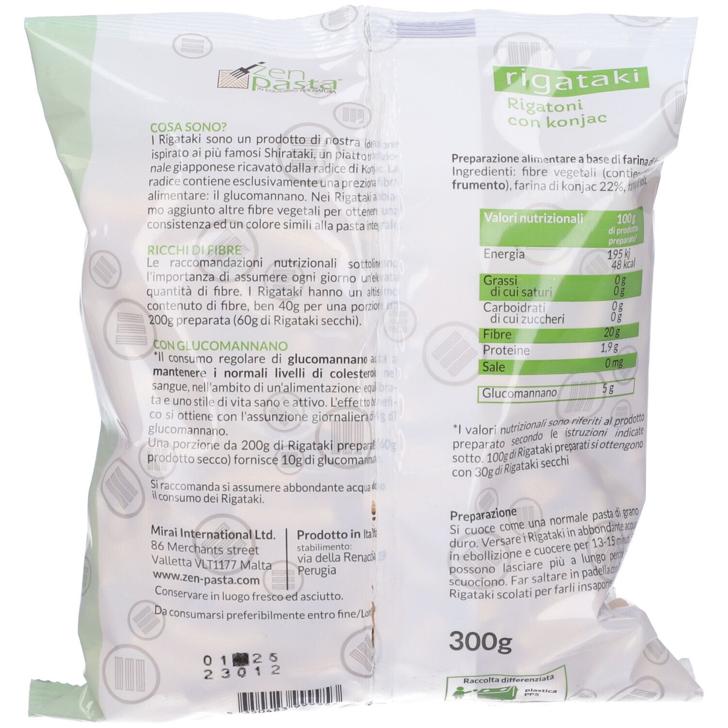 Rückseite der Rigataki-Nudelverpackung. Text: Nährwertangaben, Zutaten, Zubereitungshinweise, 300g. Zen Pasta Logo.