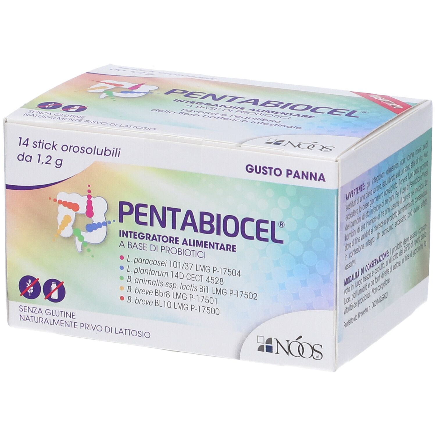 Boîte de Pentabiocel, 14 sticks orosolubles. Inscription : sans gluten, sans lactose. Logo : NOOS.