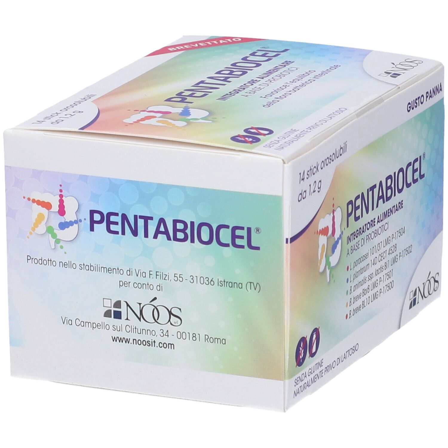 Boîte de Pentabiocel, 14 sticks. Inscription : sans gluten, sans lactose. Logo : NOOS. Texte : Fabriqué en Italie.
