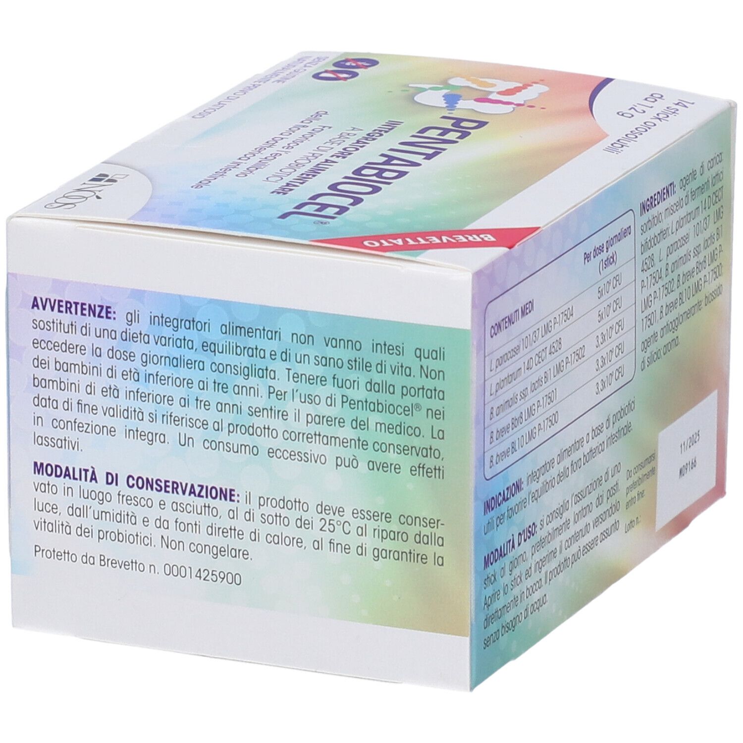 Dessous de la boîte de Pentabiocel. Contient avertissements et consignes de stockage. Numéro de brevet.