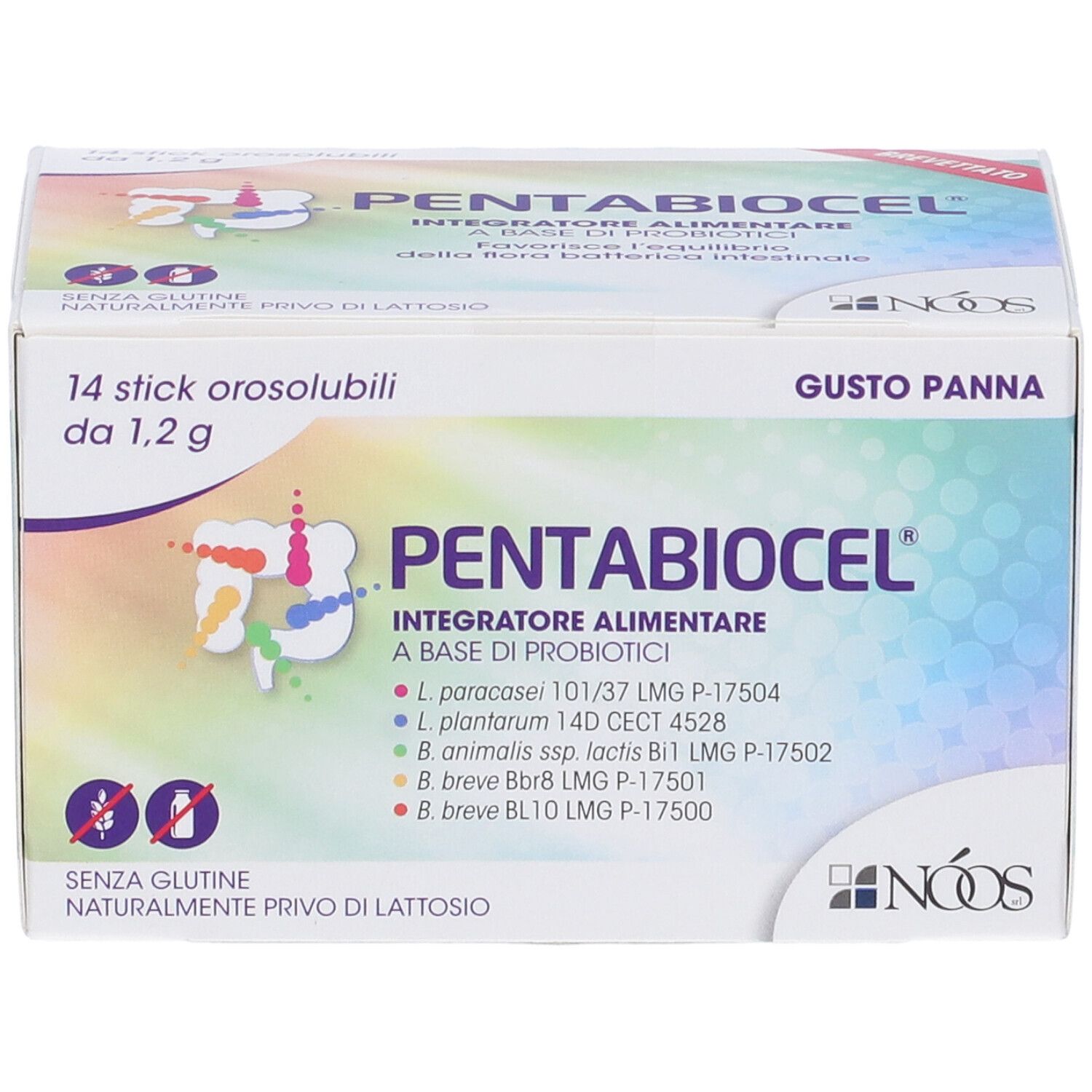 Boîte Pentabiocel, 14 sticks. Inscription : sans gluten, sans lactose. Logo : NOOS. Goût : crème.