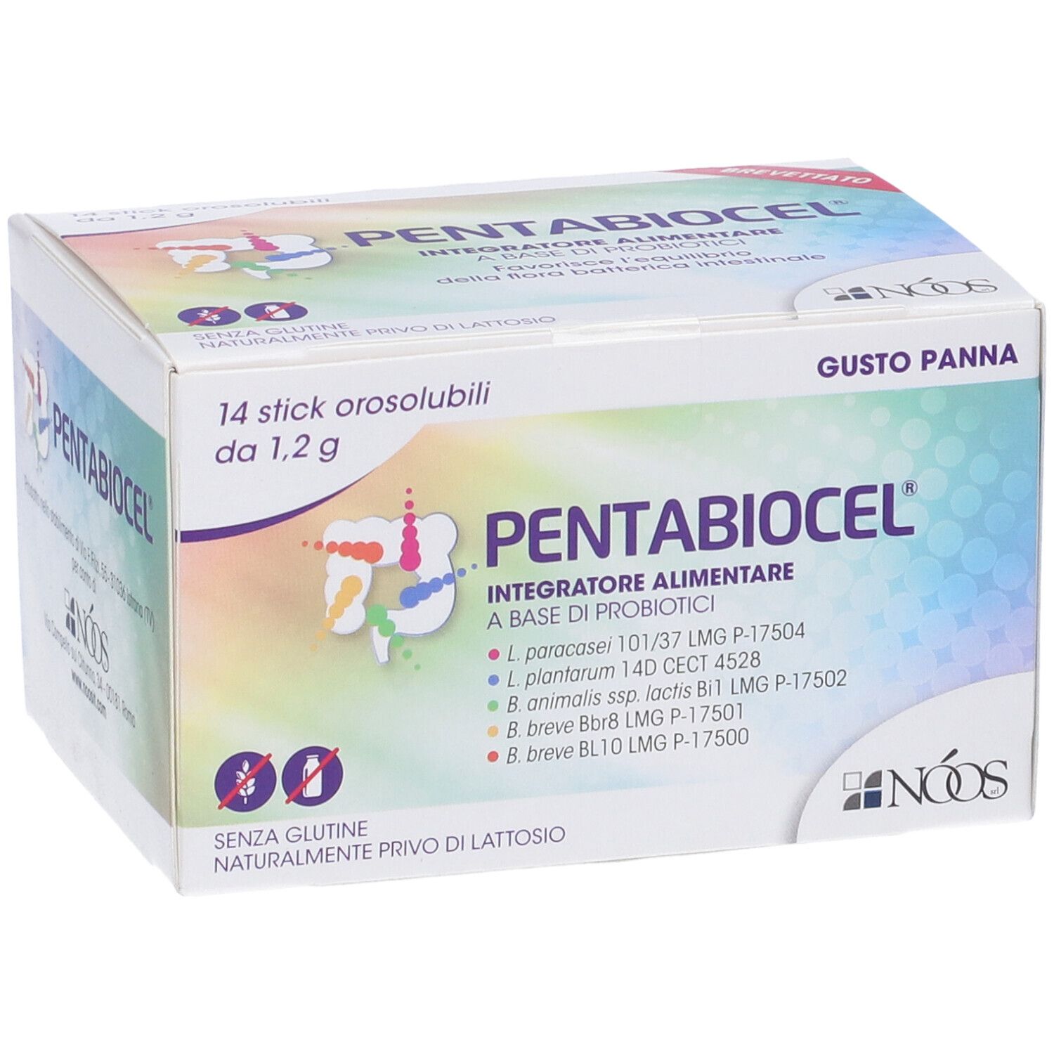 Boîte Pentabiocel, 14 sticks. Inscription : sans gluten, sans lactose. Logo : NOOS. Goût : crème.