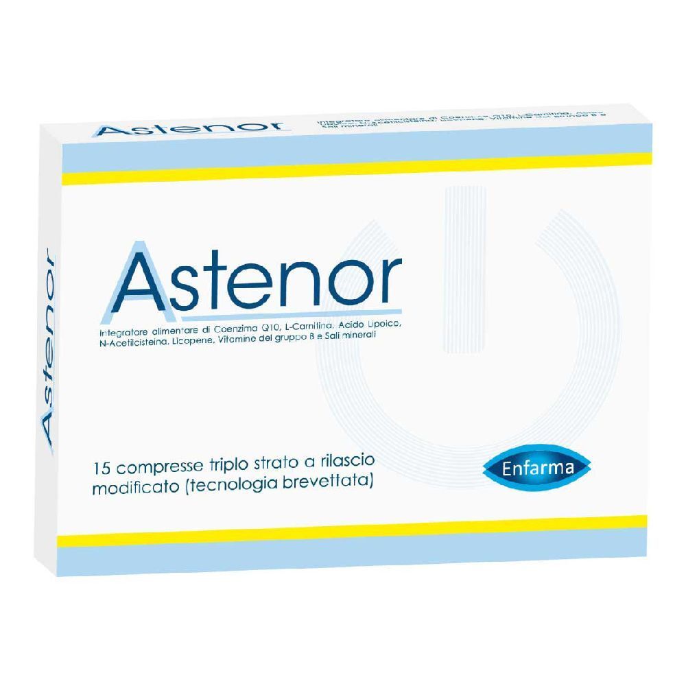 Weiße Schachtel mit blau-gelben Akzenten. Aufschrift "Astenor" und "15 compresse". Logo "Enfarma".