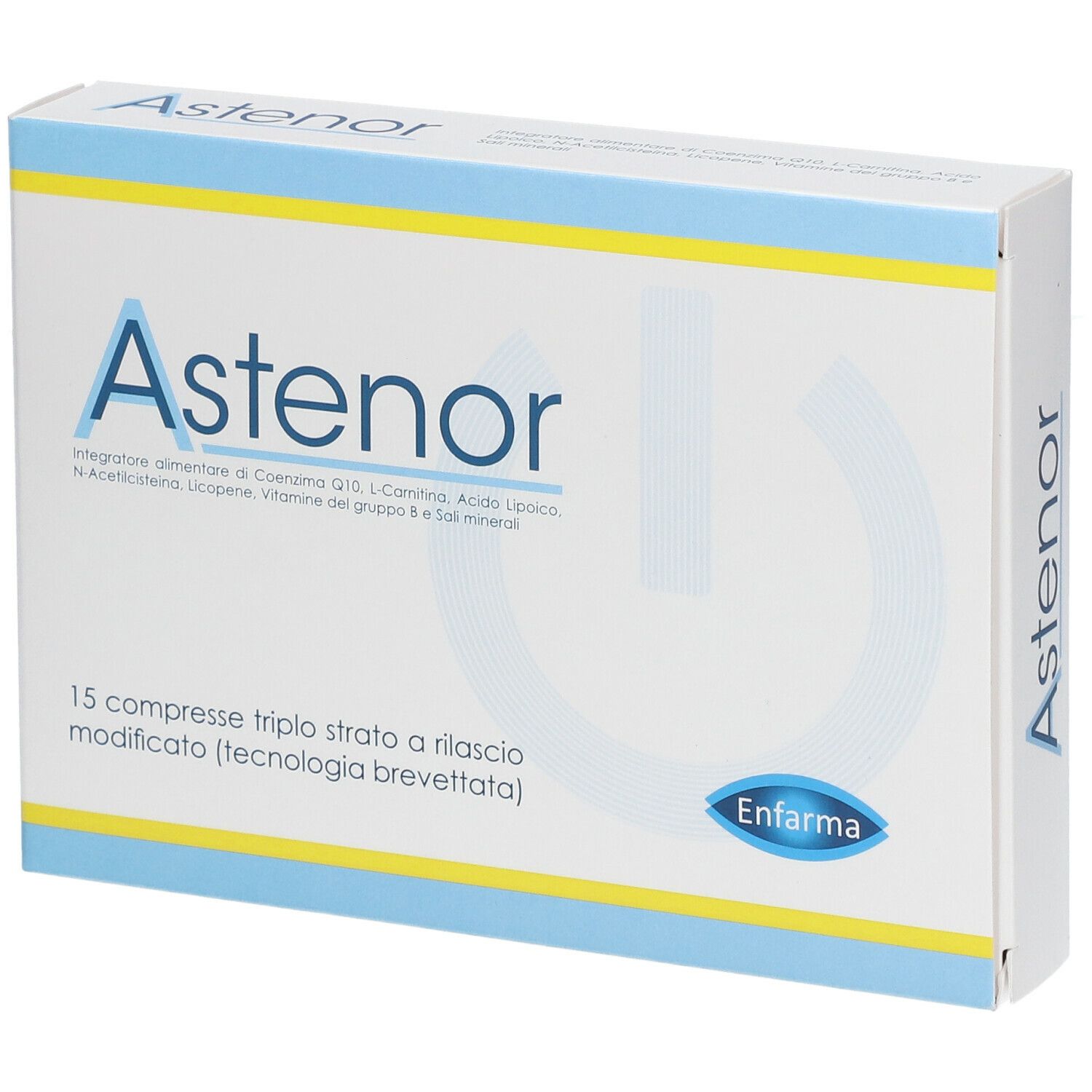 Weiße Schachtel mit blau-gelben Akzenten. Aufschrift "Astenor" und "15 compresse". Logo "Enfarma".