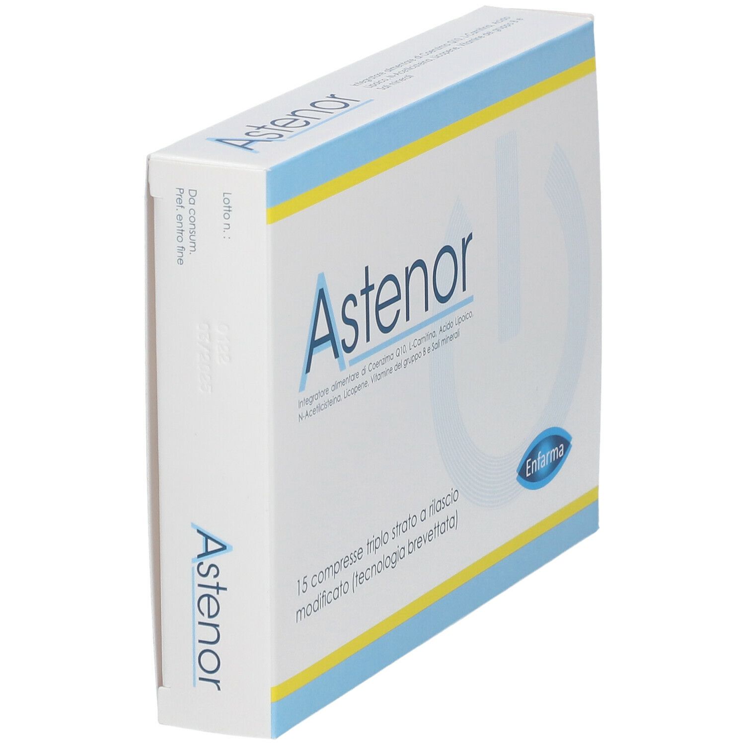 Weiße Schachtel mit blau-gelben Akzenten. Aufschrift "Astenor" und "15 compresse". Logo "Enfarma".