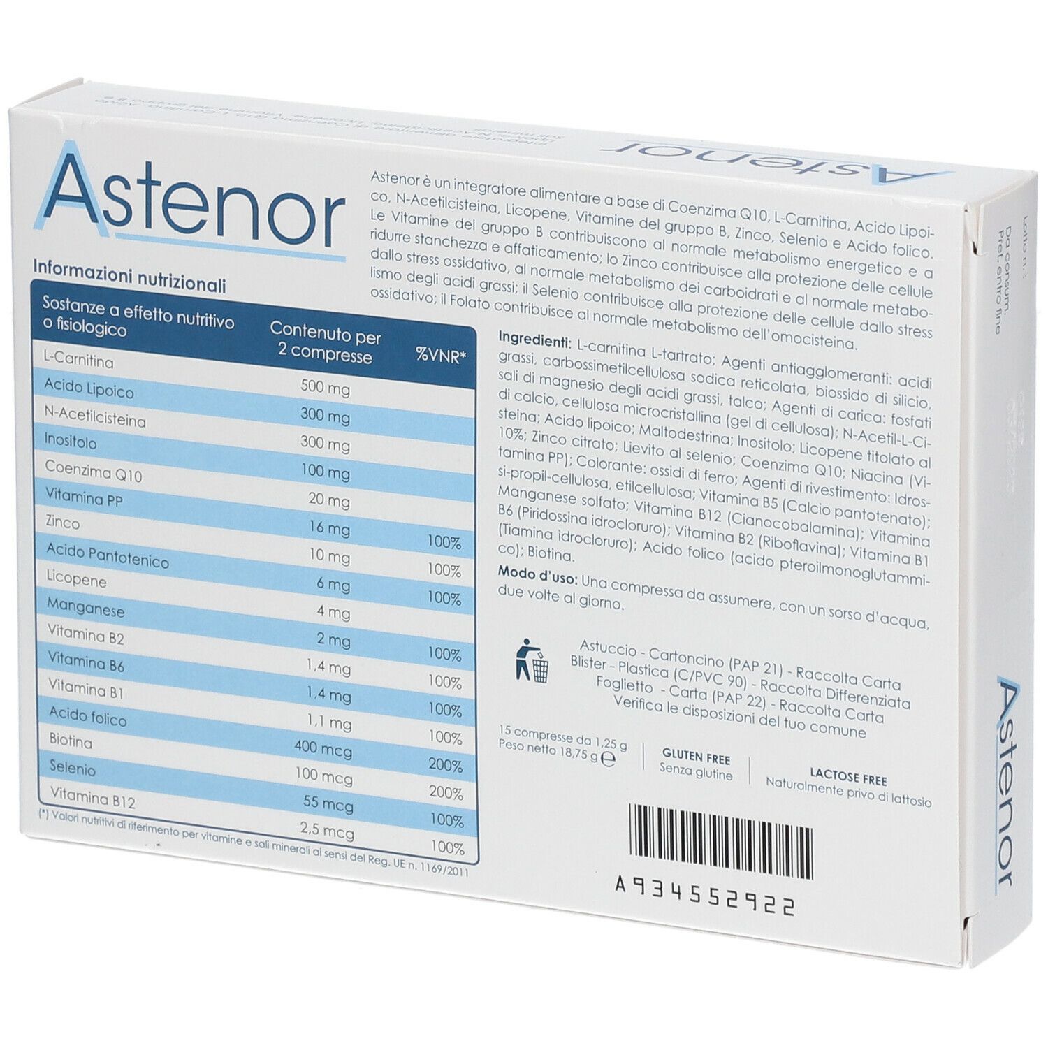 Weiße Schachtel mit blau-gelben Akzenten. Aufschrift "Astenor" und "15 compresse". Logo "Enfarma". Rückseite mit Inhaltsangaben.