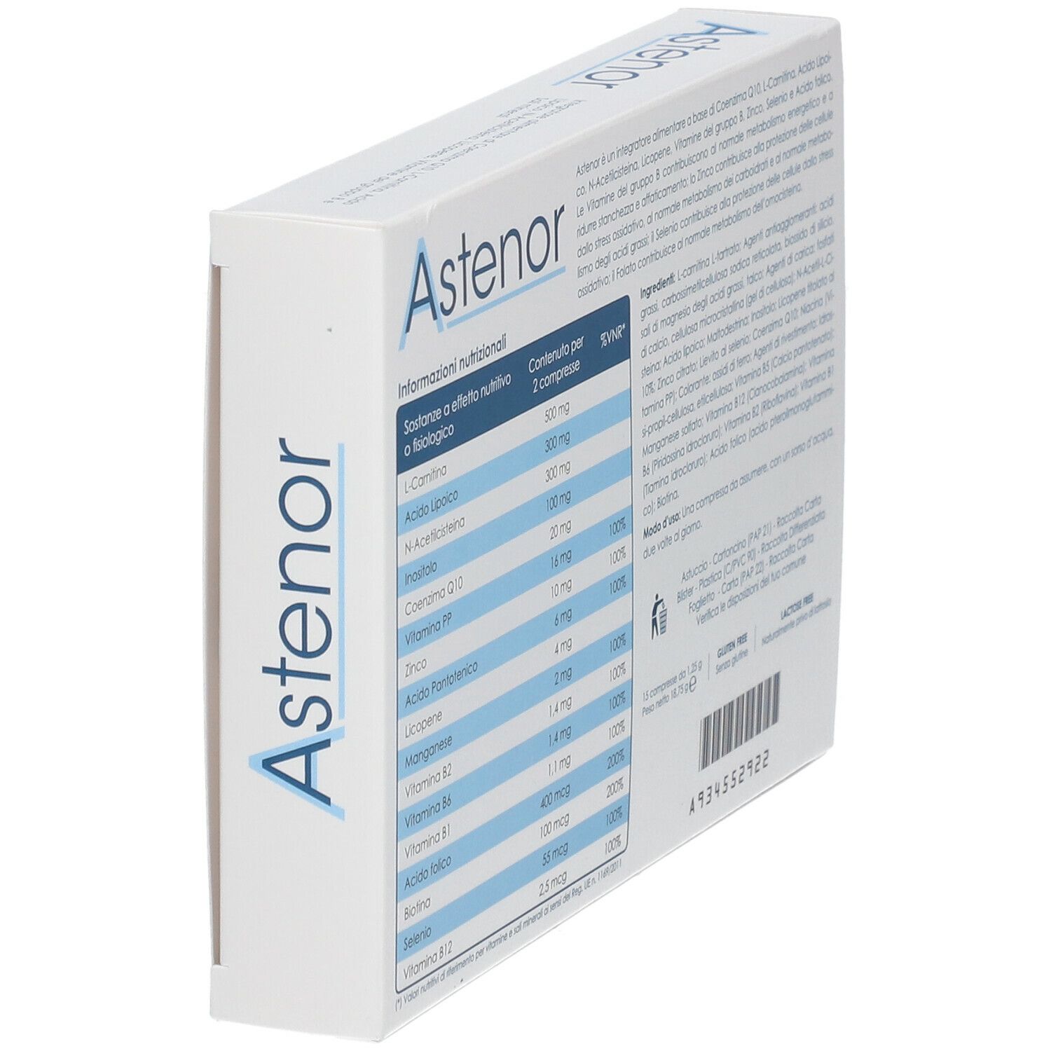 Weiße Schachtel mit blau-gelben Akzenten. Aufschrift "Astenor" und "15 compresse". Logo "Enfarma". Rückseite mit Inhaltsangaben.