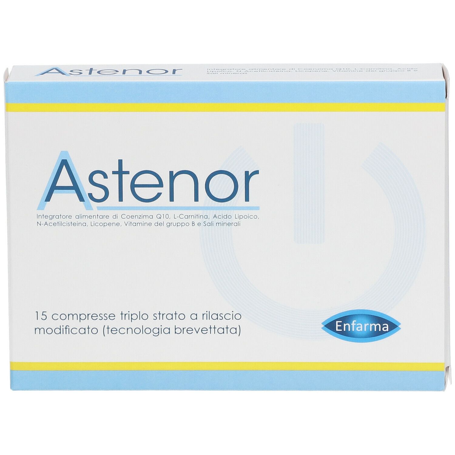 Weiße Schachtel mit blau-gelben Akzenten. Aufschrift "Astenor" und "15 compresse". Logo "Enfarma".