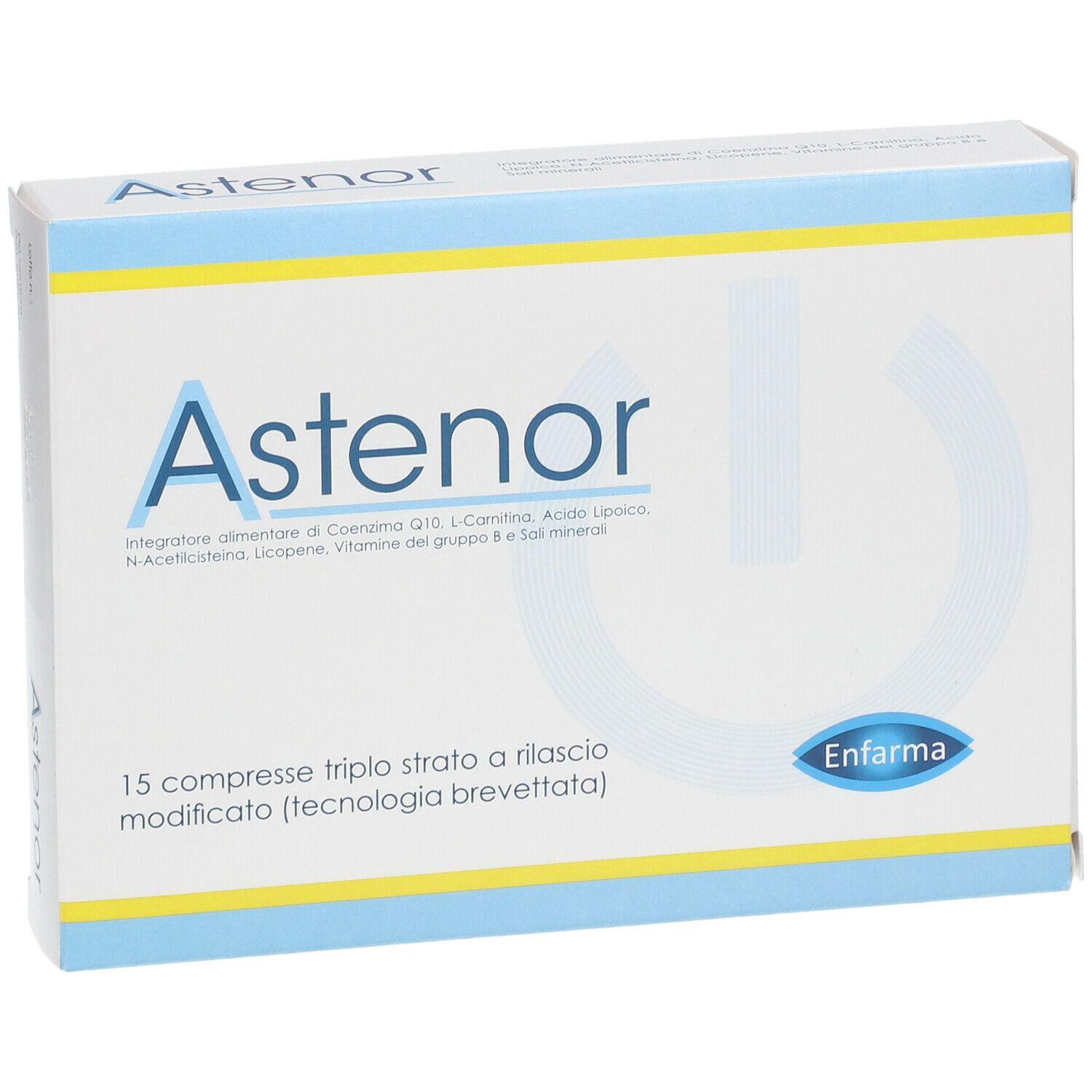 Weiße Schachtel mit blau-gelben Akzenten. Aufschrift "Astenor" und "15 compresse". Logo "Enfarma".