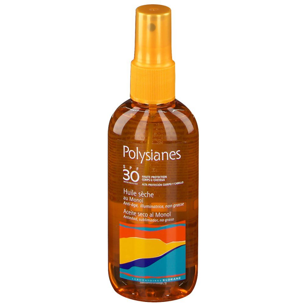 Flacon spray brun avec bouchon jaune. Inscription: Polysianes SPF30, Huile sèche au Monoï. Bande colorée en bas.